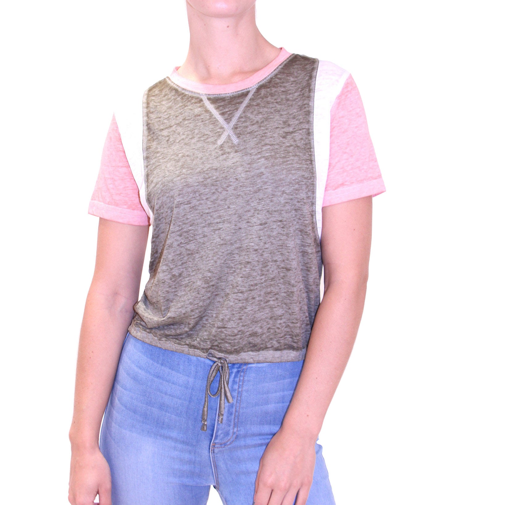 Crave Fame Womens Tie Waist Burn Out Top Olive Blush