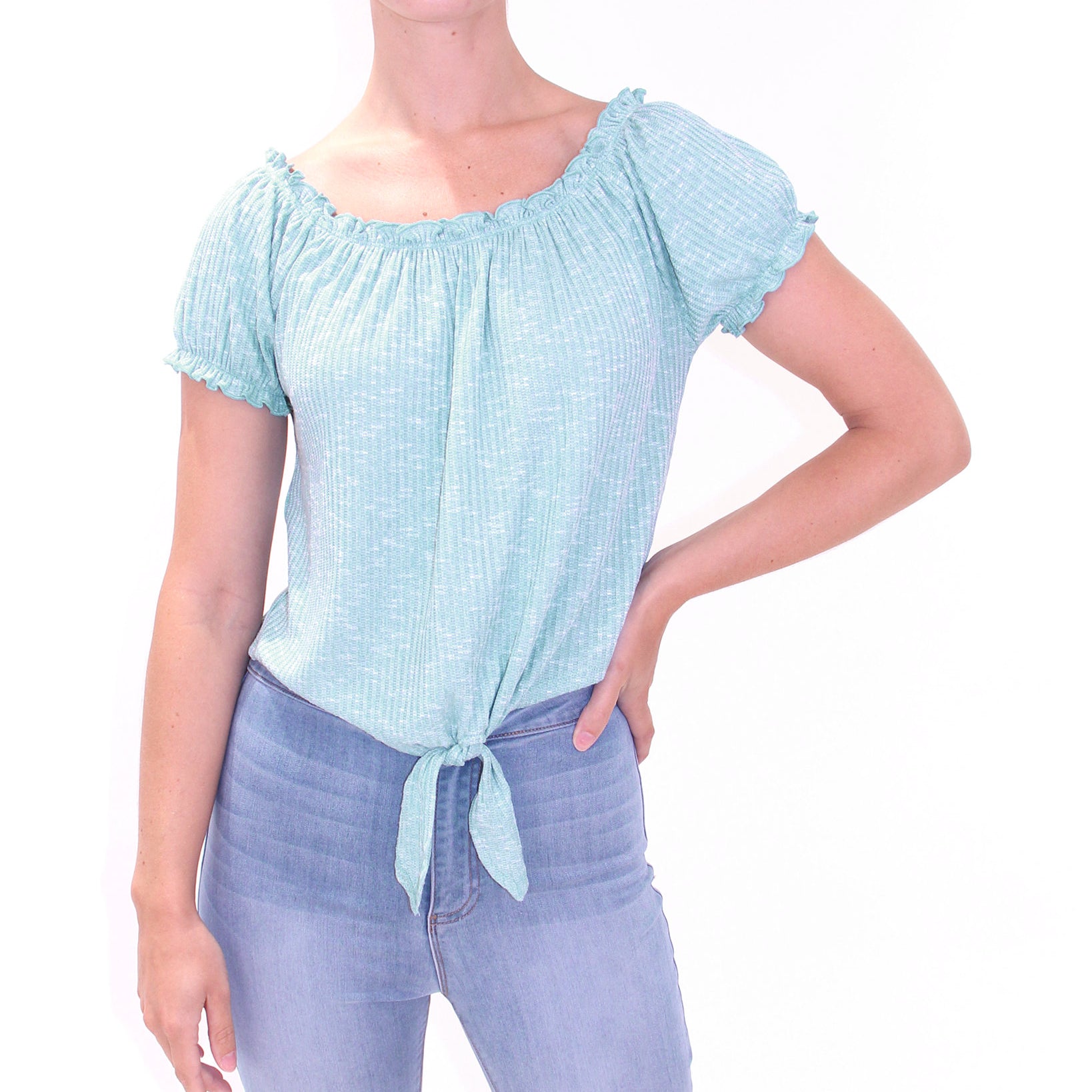 Crave Fame Women Puff Sleeve Off Shoulder Tie Front Top Aqua