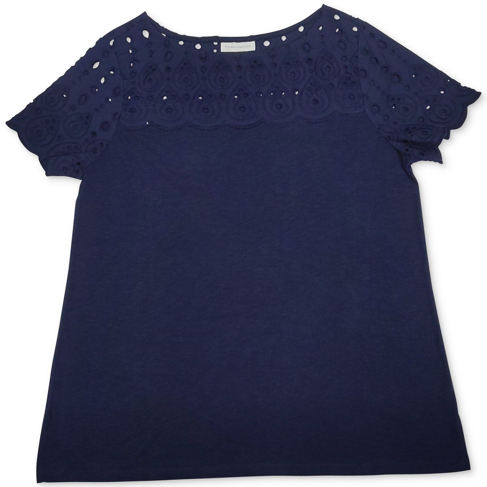 Charter Club Women Petite Cotton Eyelet Top Intrepid Blue