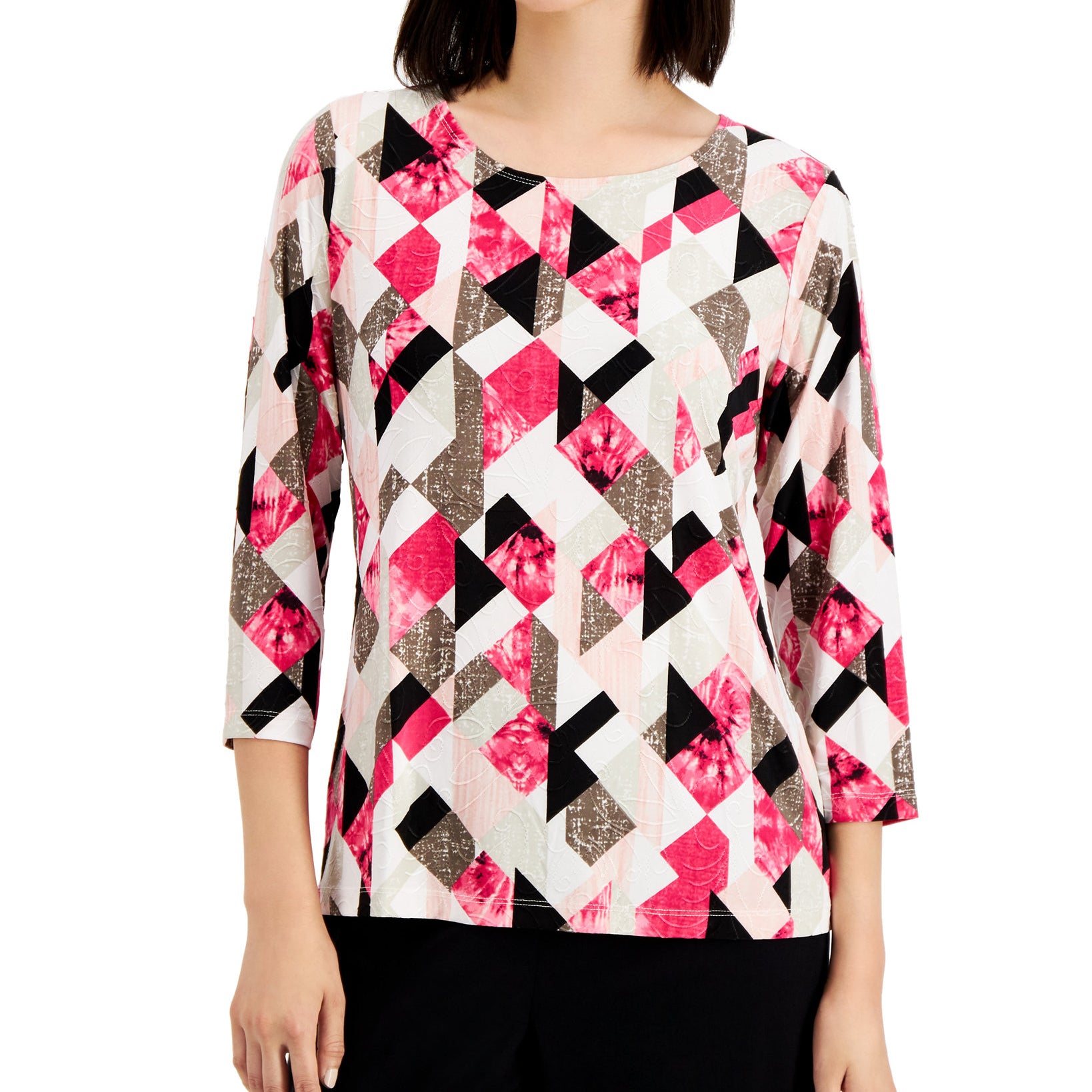 JM Collection Women Printed Jacquard Top Steel Rose Combo