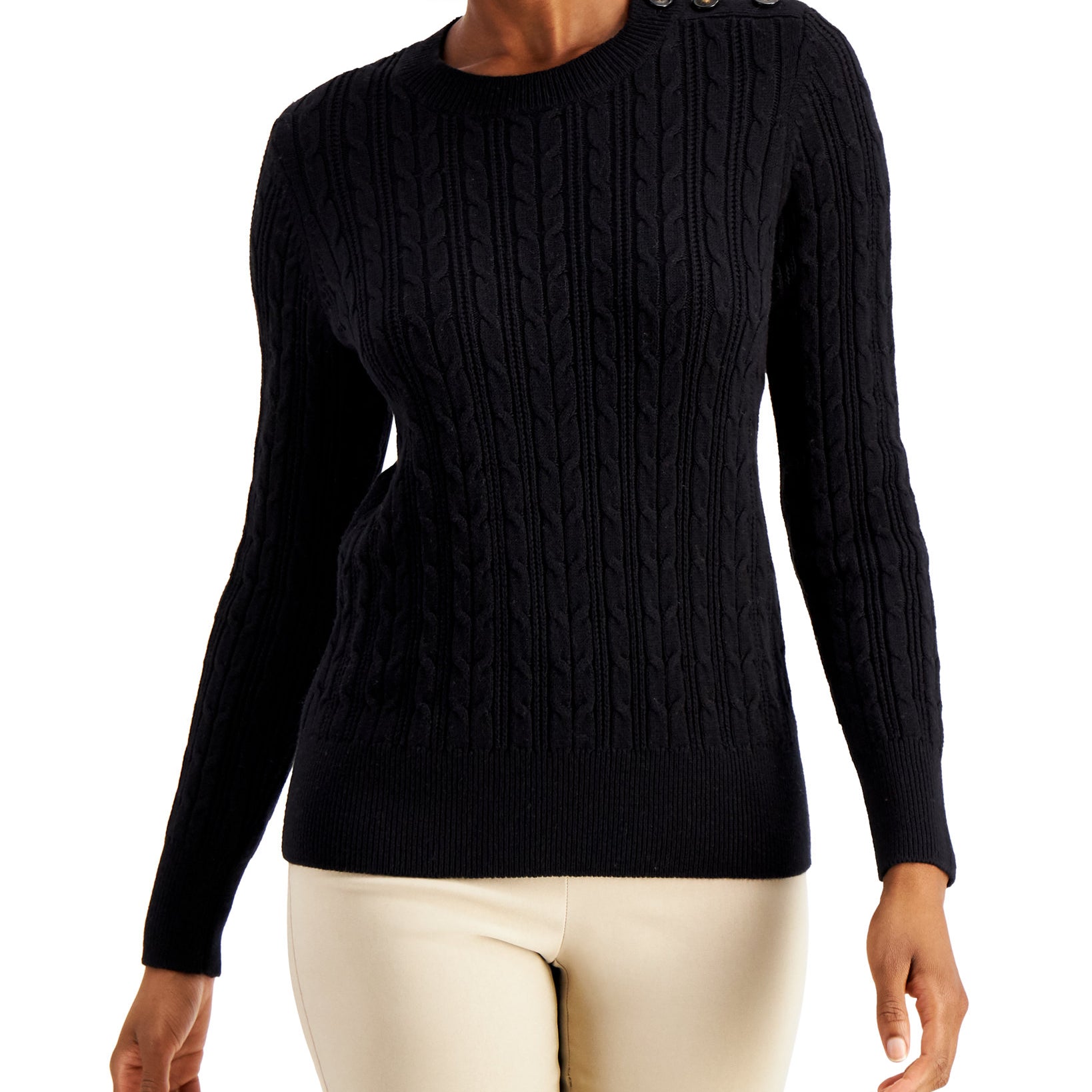 Charter Club Women Button Shoulder Sweater Deep Black