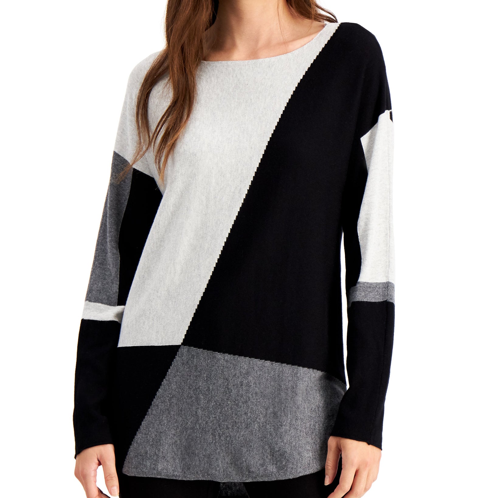INC International Concepts Women Colorblocked Shirttail Sweater Medium Heather Grey