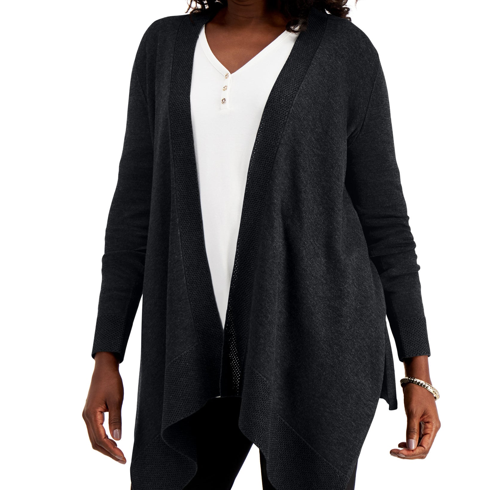 JM Collection Women Textured Hem Cascade Front Cardigan Deep Black