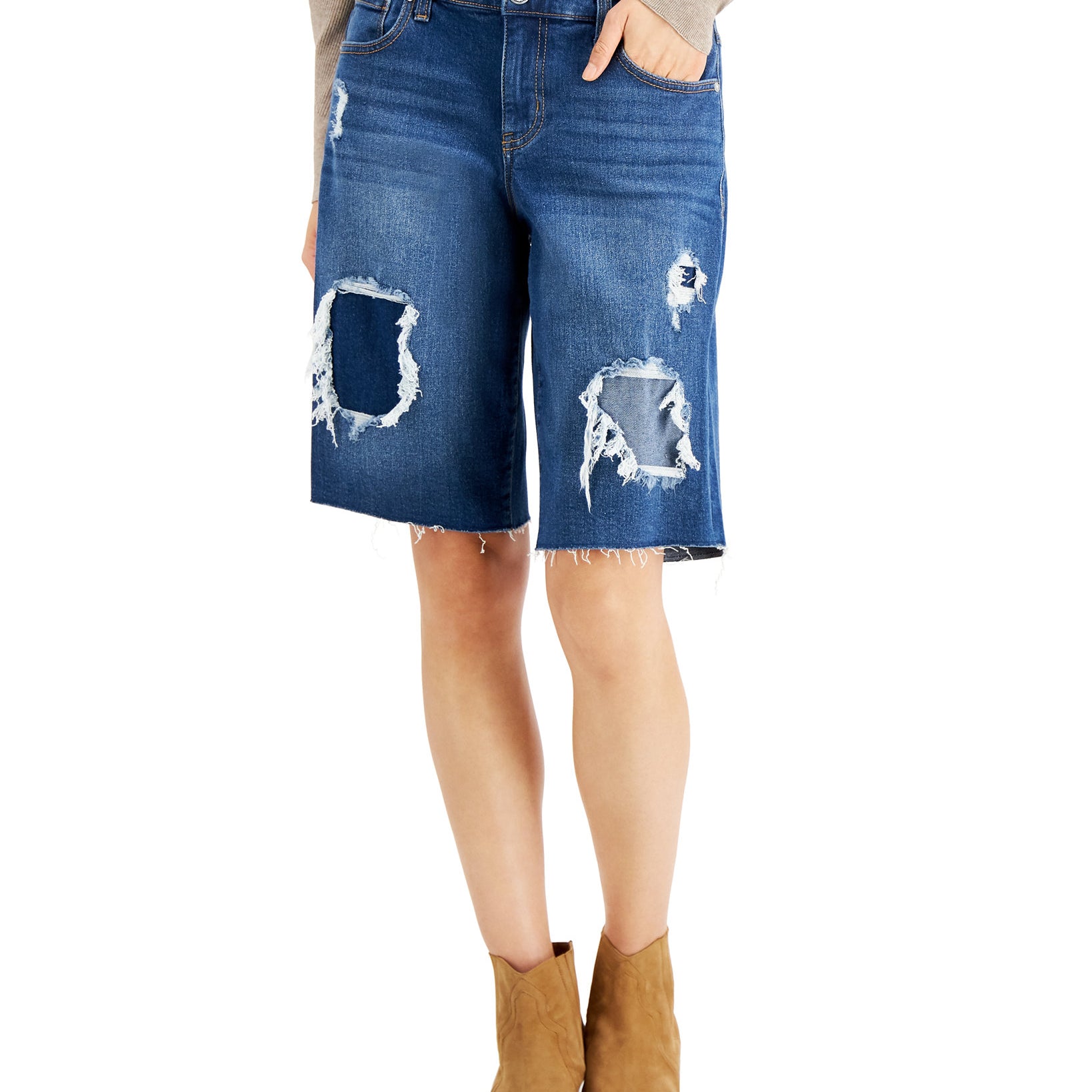 INC International Concepts Women Patchwork Bermuda Jean Shorts Medium Indigo