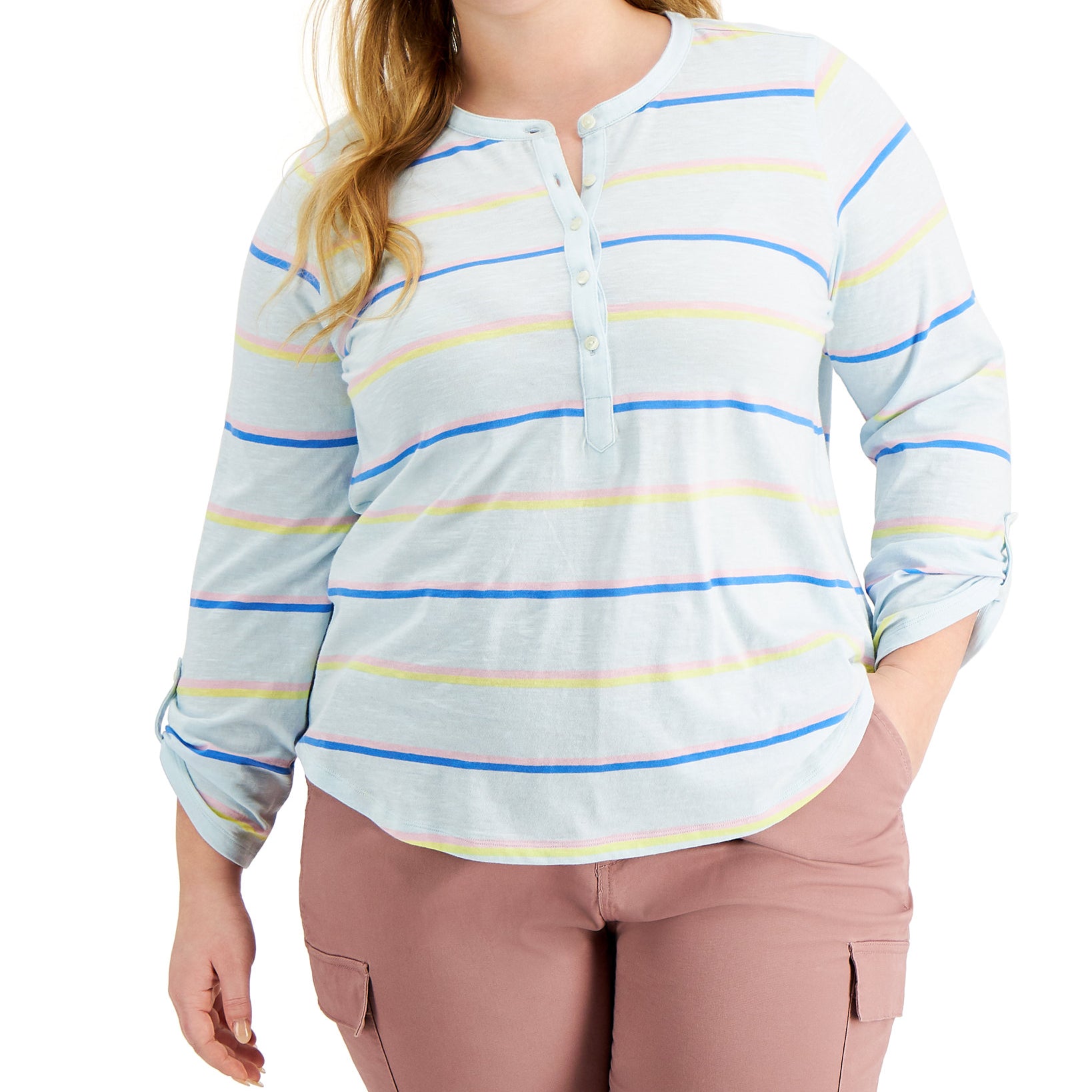 Style & Co Women Plus Cotton Striped Roll Tab Top Stripe Blue