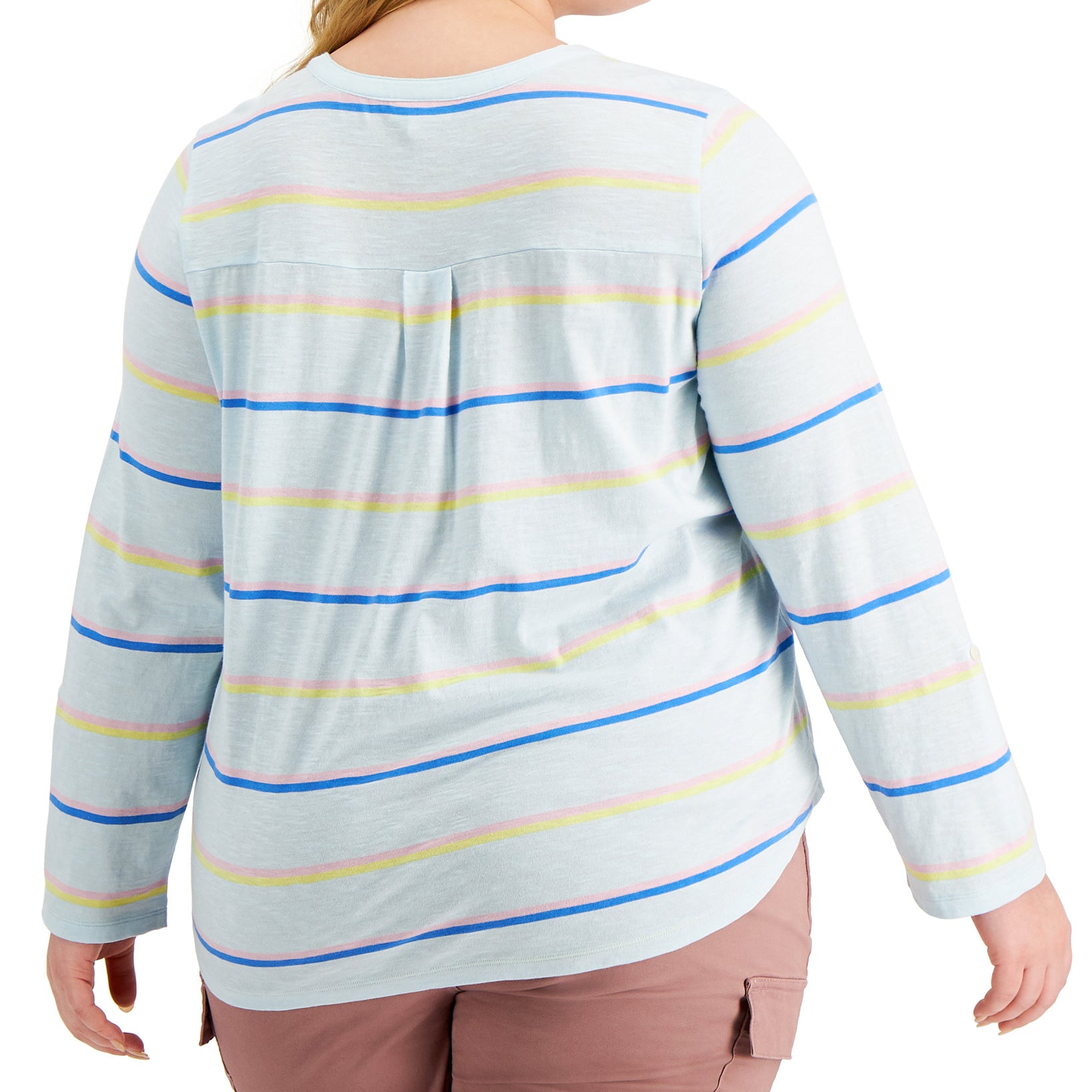 Style & Co Women Plus Cotton Striped Roll Tab Top