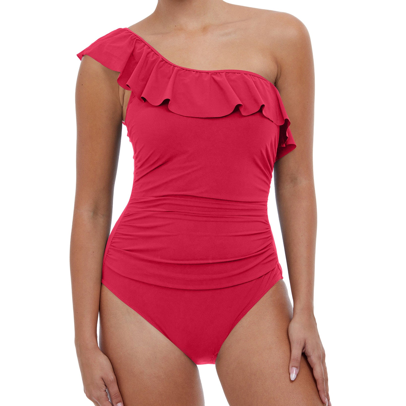 Profile by Gottex Women Tutti Frutti Ruffled One Shoulder Tummy Control One Piece Swimsuit Pink