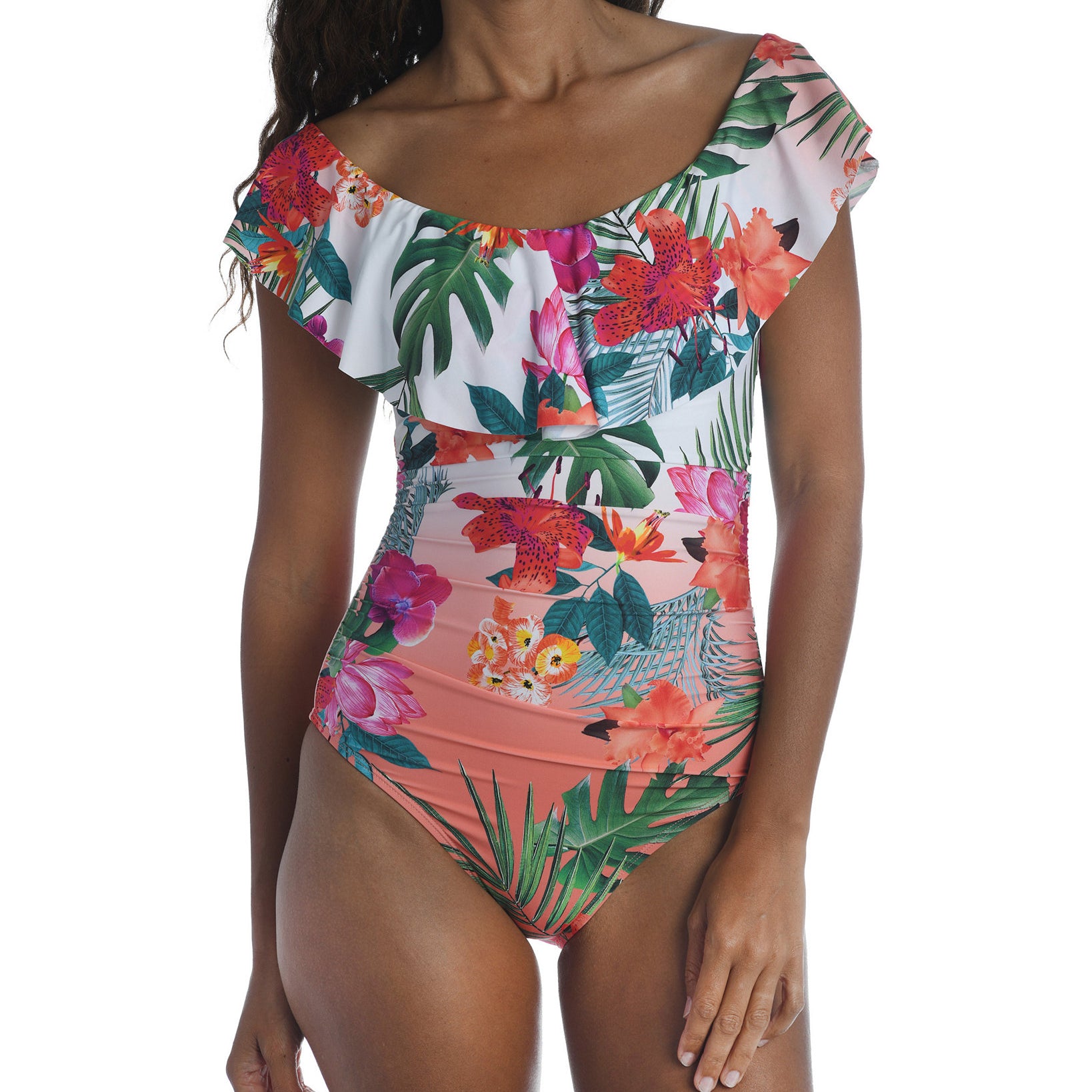 La Blanca Women Printed Off The Shoulder One Piece Swimsuit Bird Of Paradise