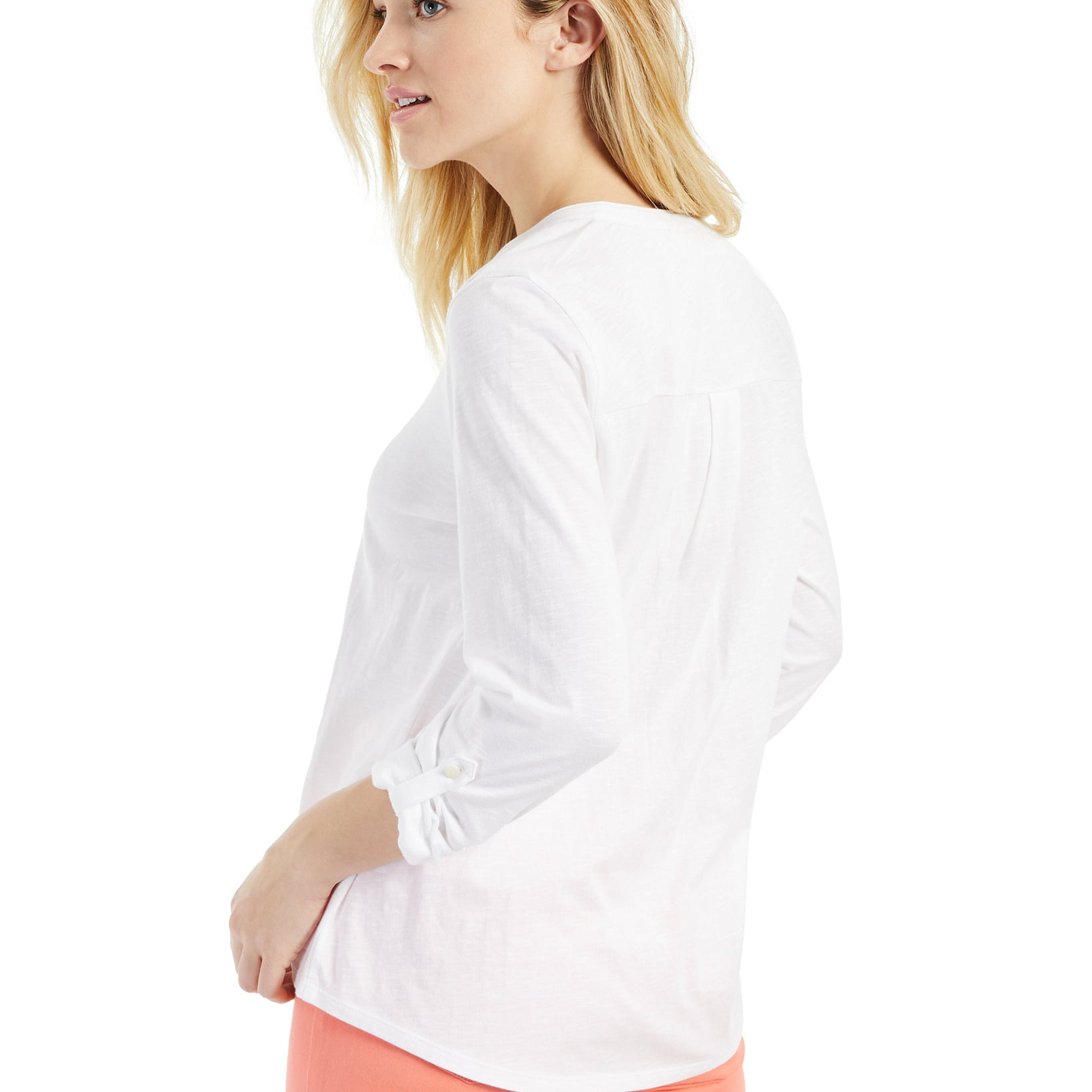 Style & Co Women Cotton Cuffed Sleeve Henley Top