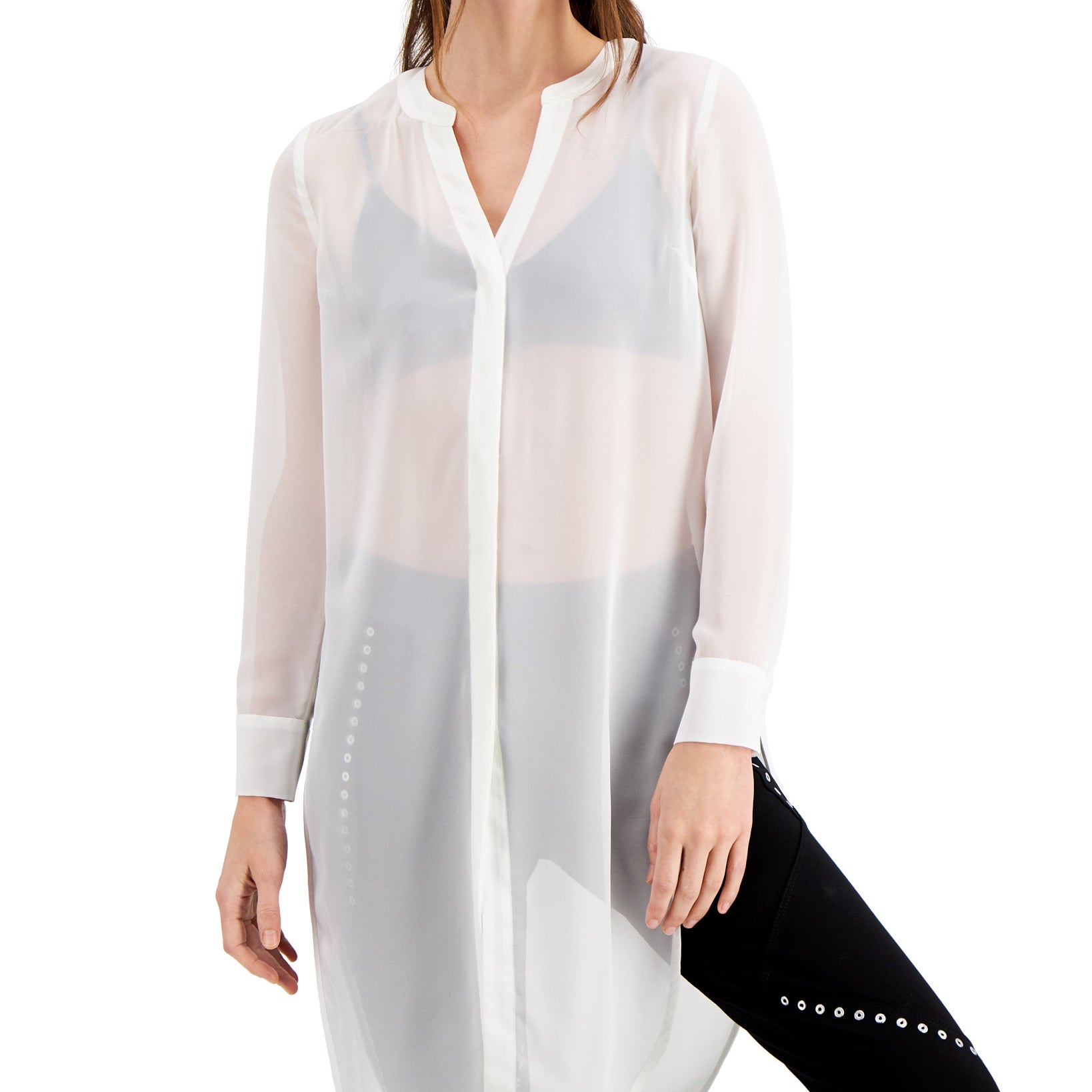 Bar III Women Semi Sheer Tunic Blouse Sugar Swizzle