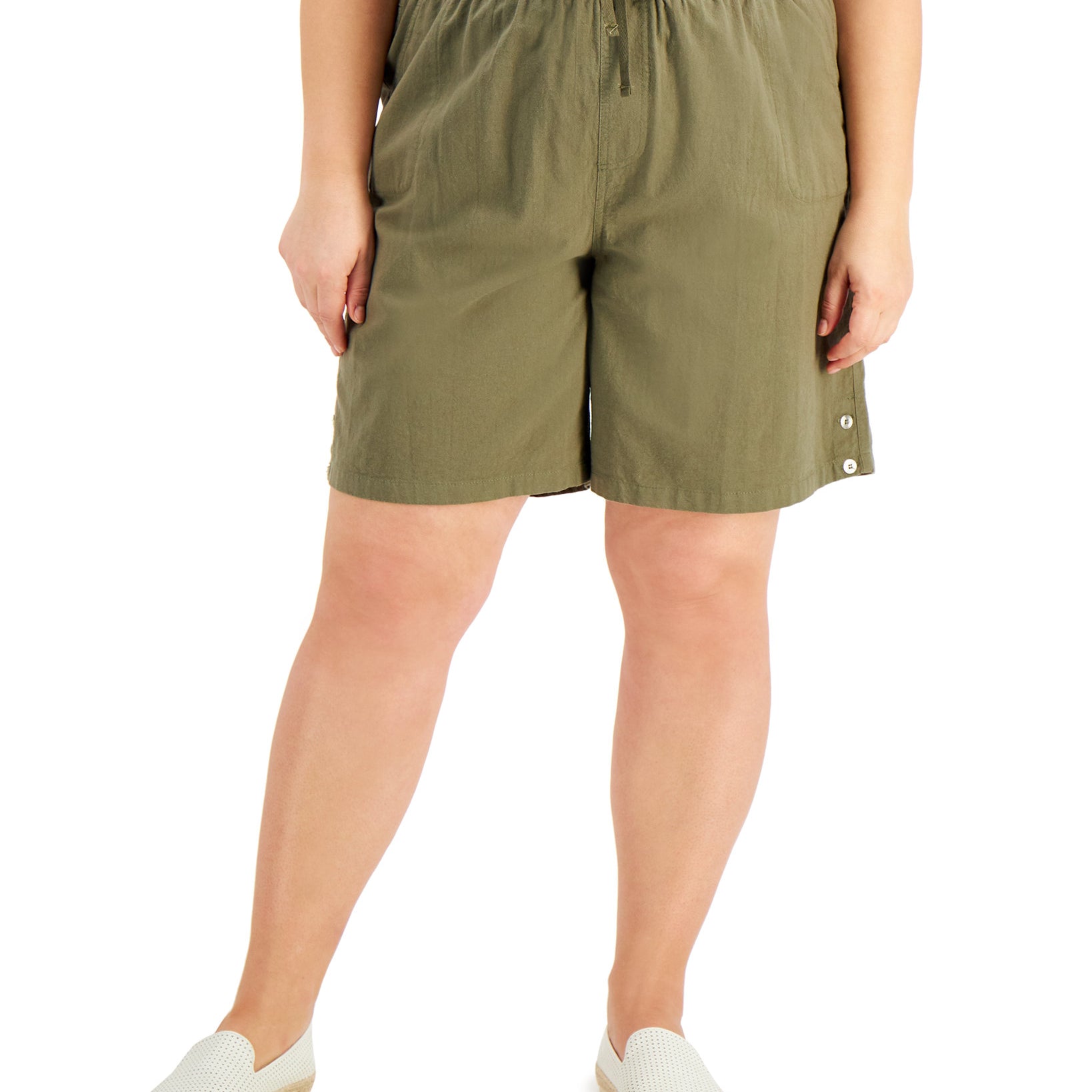 Karen Scott Women Plus Lisa Cotton Drawstring Waist Shorts Olive Sprig