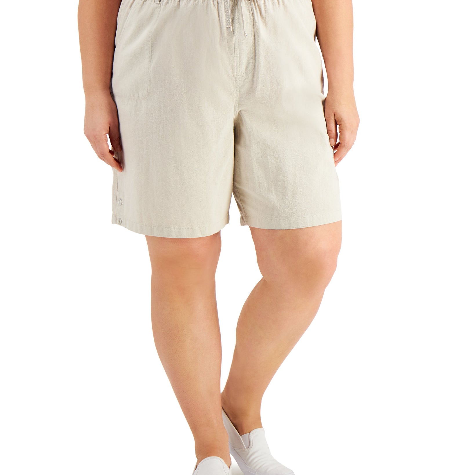 Karen Scott Women Plus Lisa Cotton Drawstring Waist Shorts Stonewall