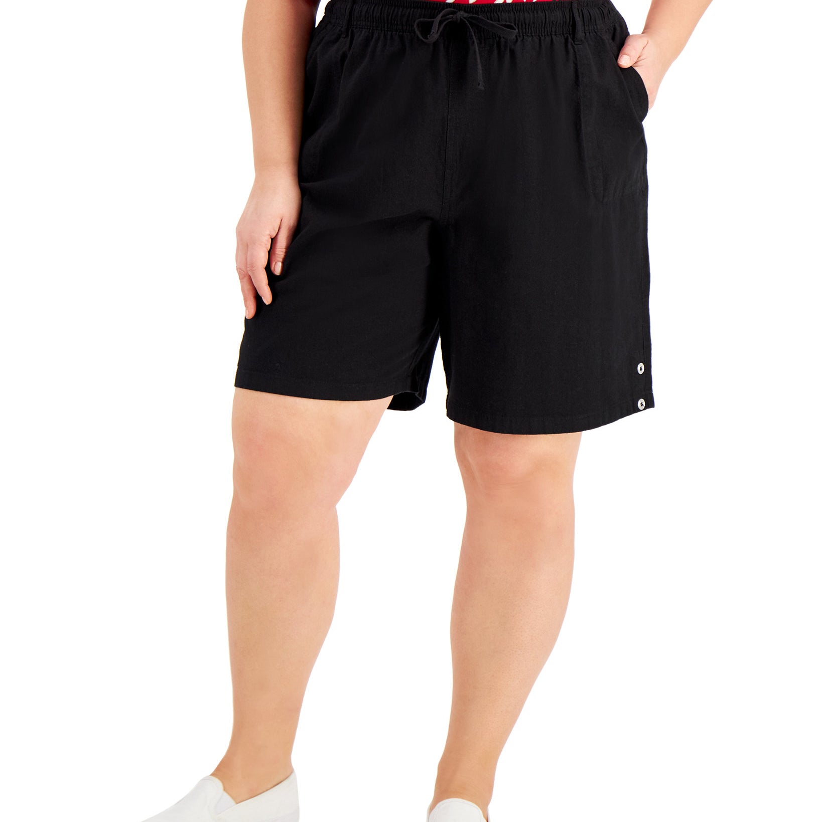 Karen Scott Women Plus Lisa Cotton Drawstring Waist Shorts Deep Black