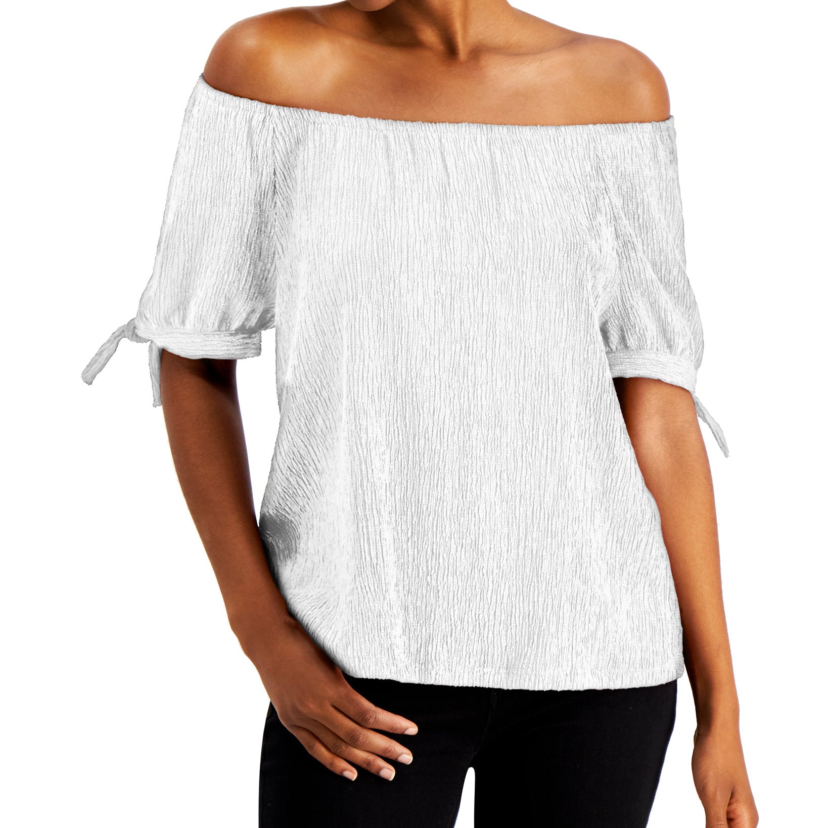 Style & Co Women Off The Shoulder Tie Sleeve Top Winter White