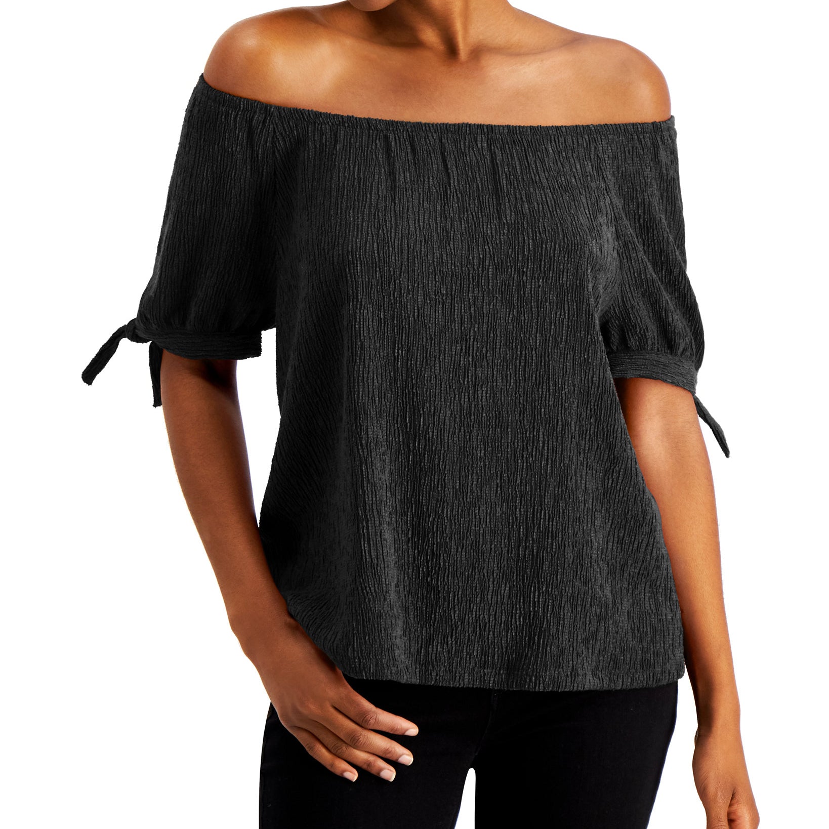 Style & Co Women Off The Shoulder Tie Sleeve Top Deep Black