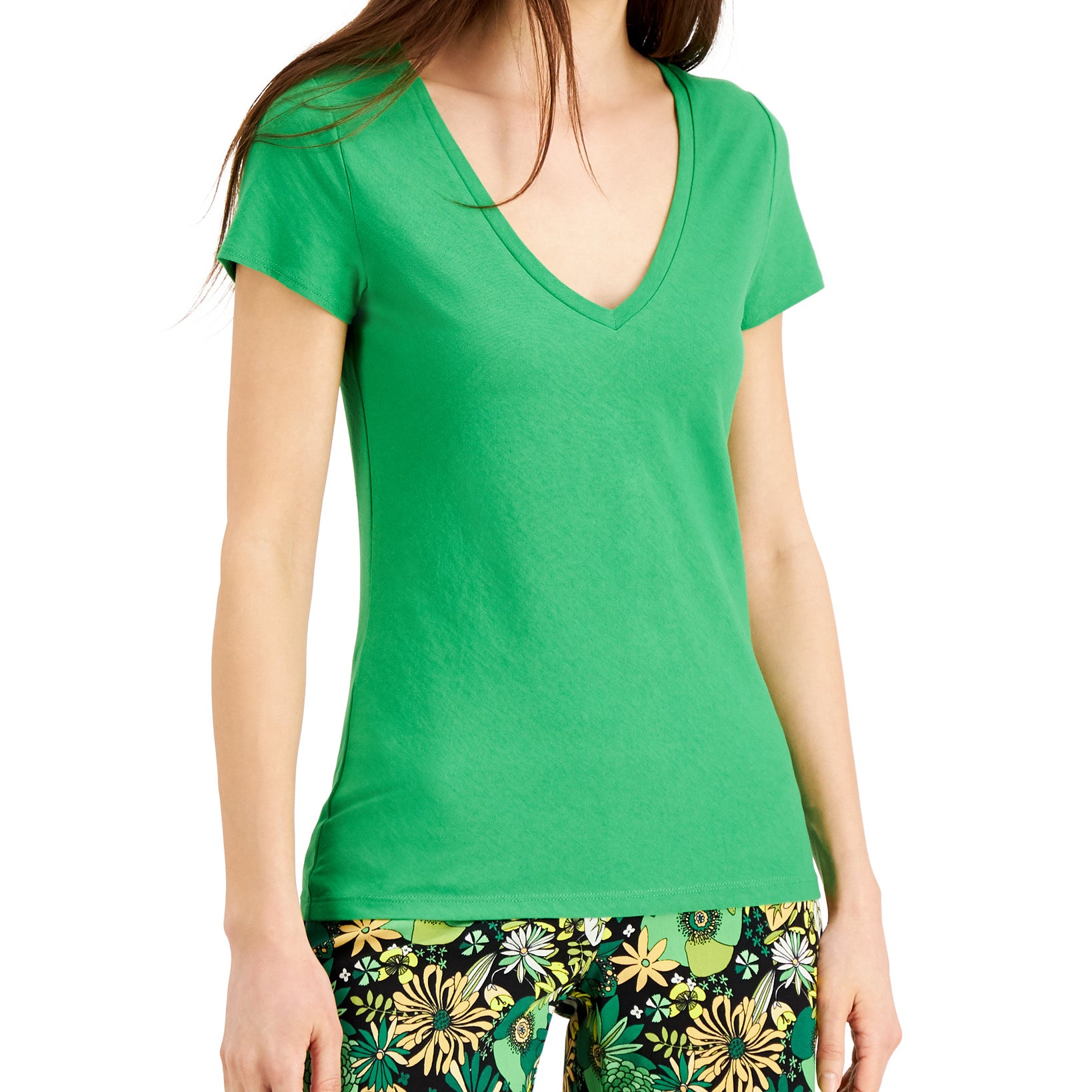 INC International Concepts Women V Neck T Shirt Green Emerald