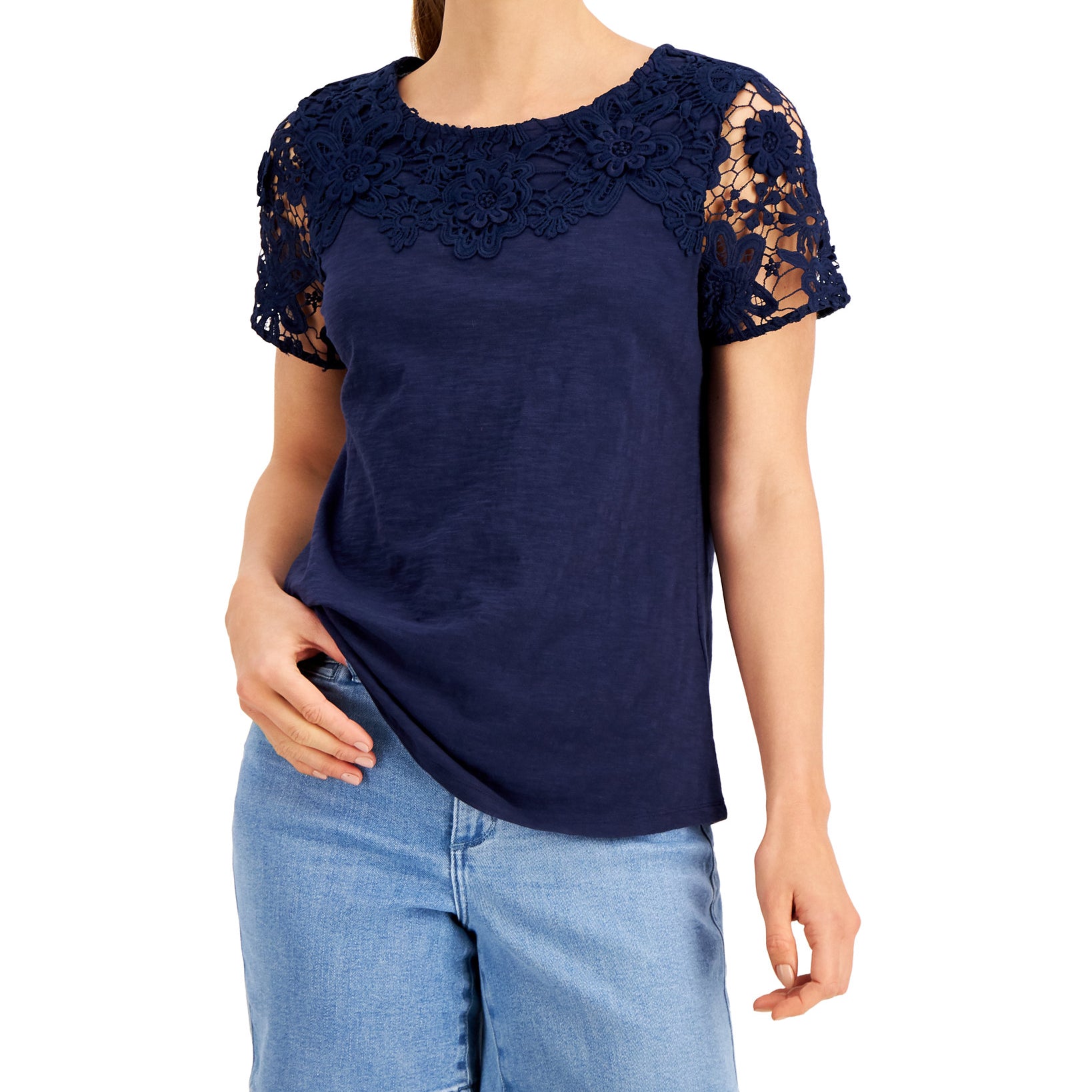 Charter Club Womens Petite Embroidered T Shirt Intrepid Blue