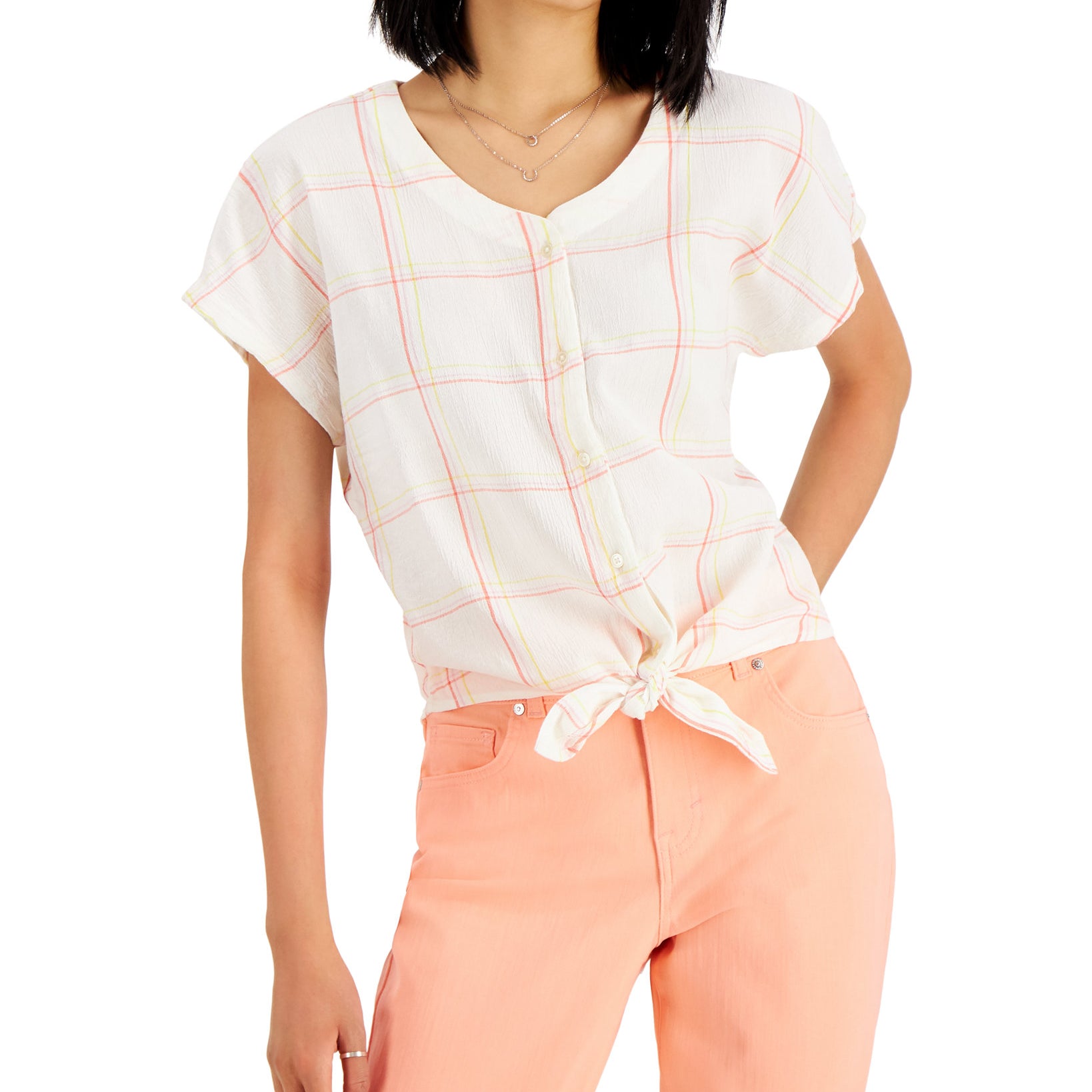 Style & Co Women Printed Button Down Tie Front Top Coconut Cream