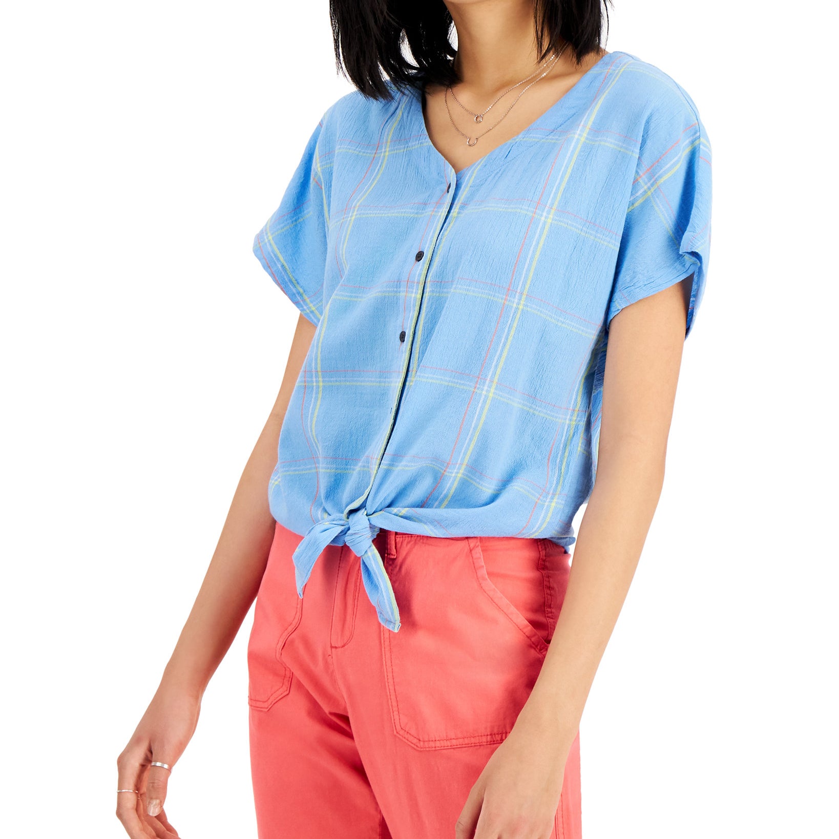 Style & Co Women Plus Plaid Tie Front Shirt Super Sonic