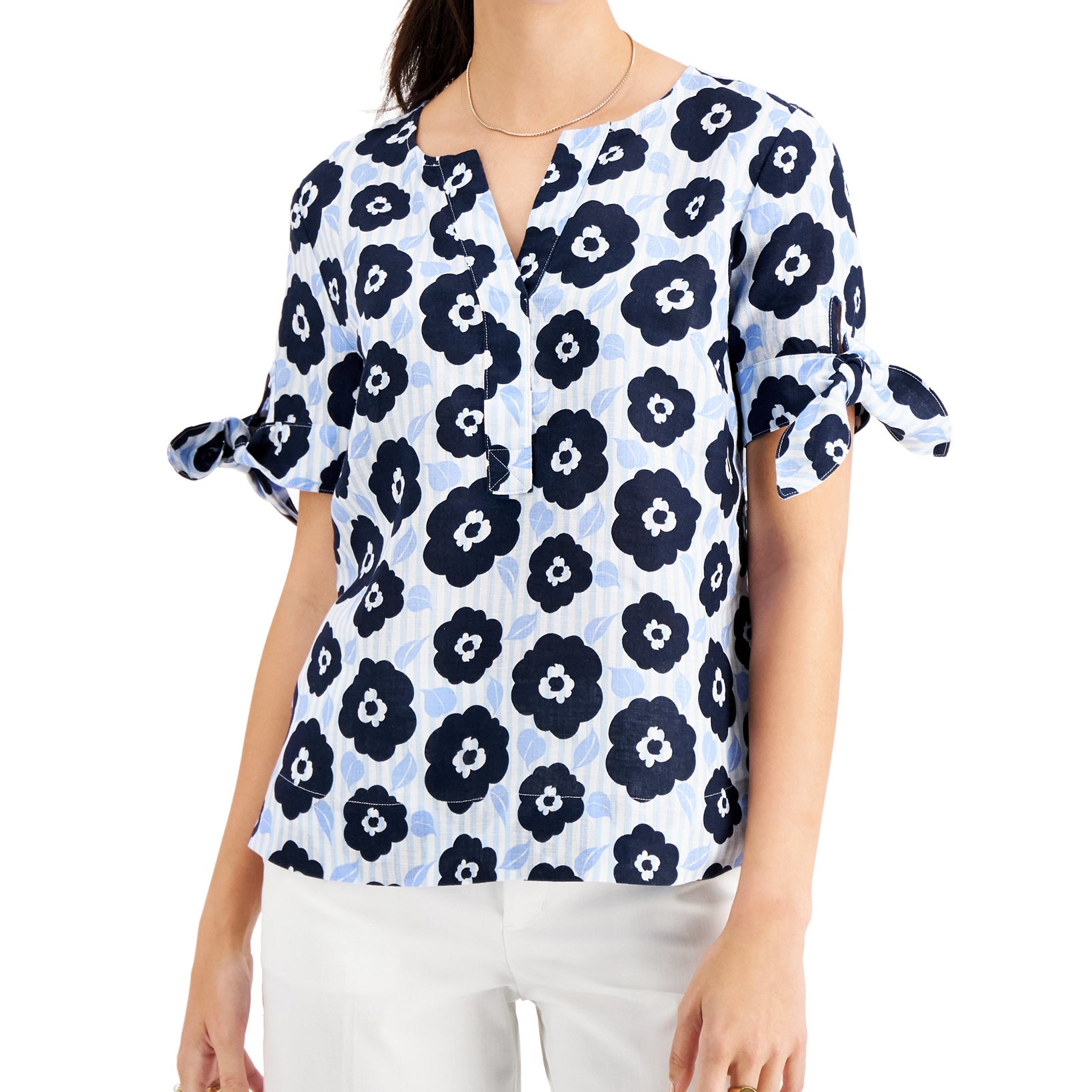 Charter Club Women Linen Tie Sleeve Top Bright White Combo