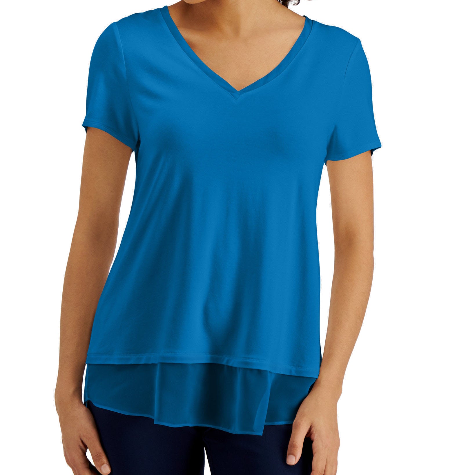 JM Collection Women V Neck Sheer Hem Top Indigo Bunting