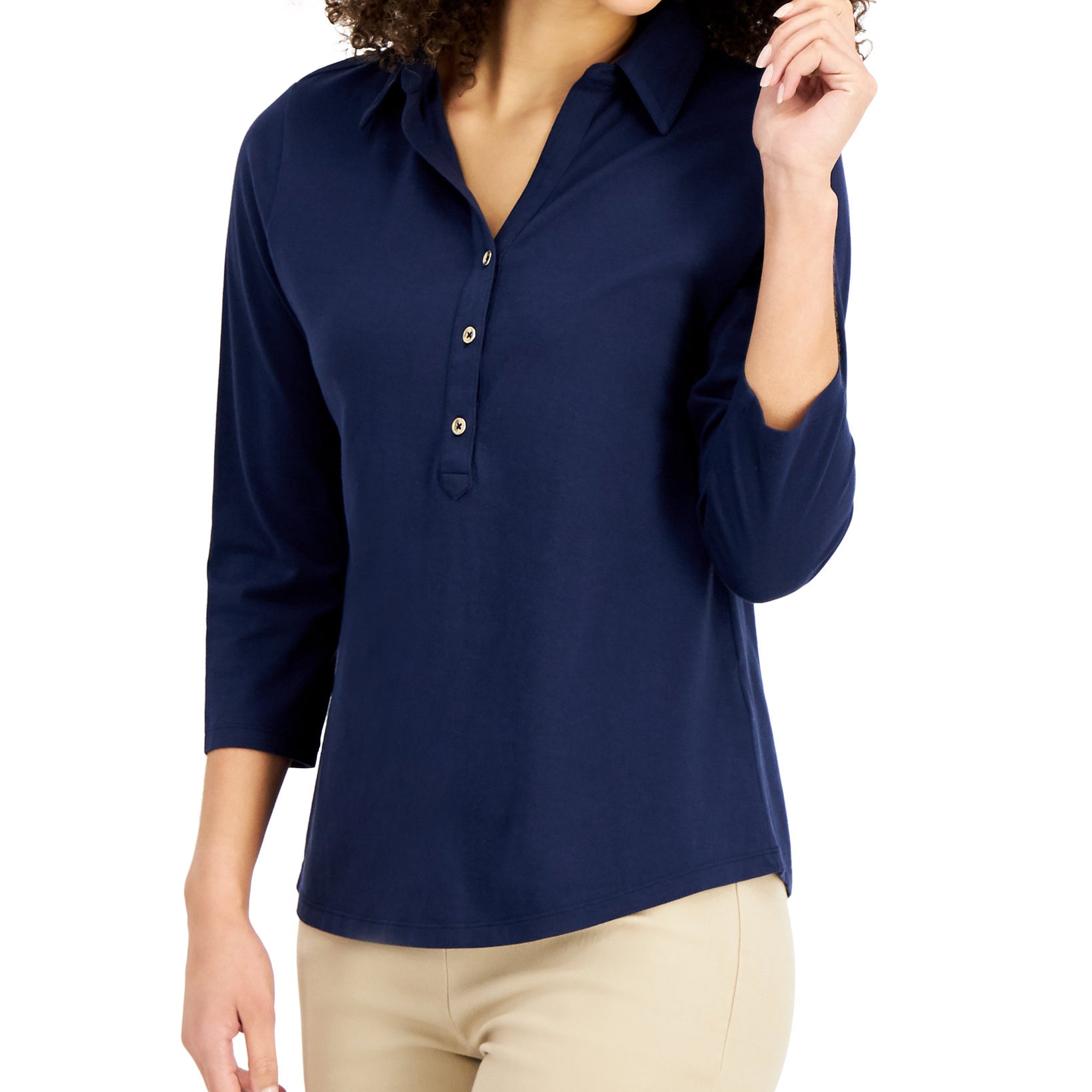 Charter Club Women Petite Cotton Polo Top Intrepid Blue