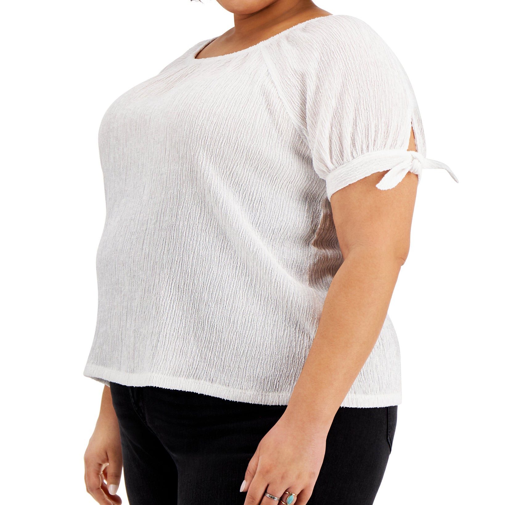 Style & Co Women Plus Tie Sleeve Top Bright White