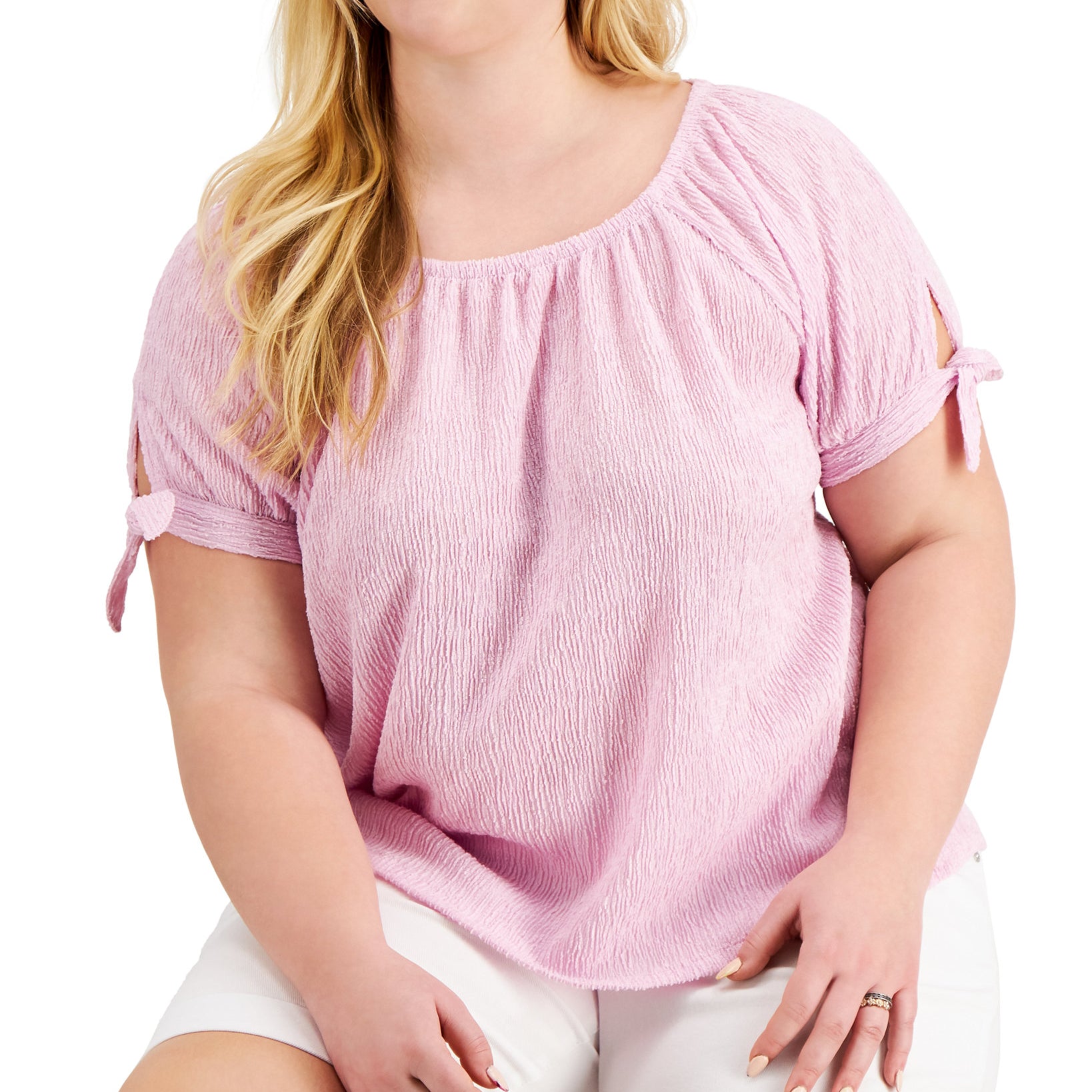 Style & Co Women Plus Tie Sleeve Top Pink Lavender