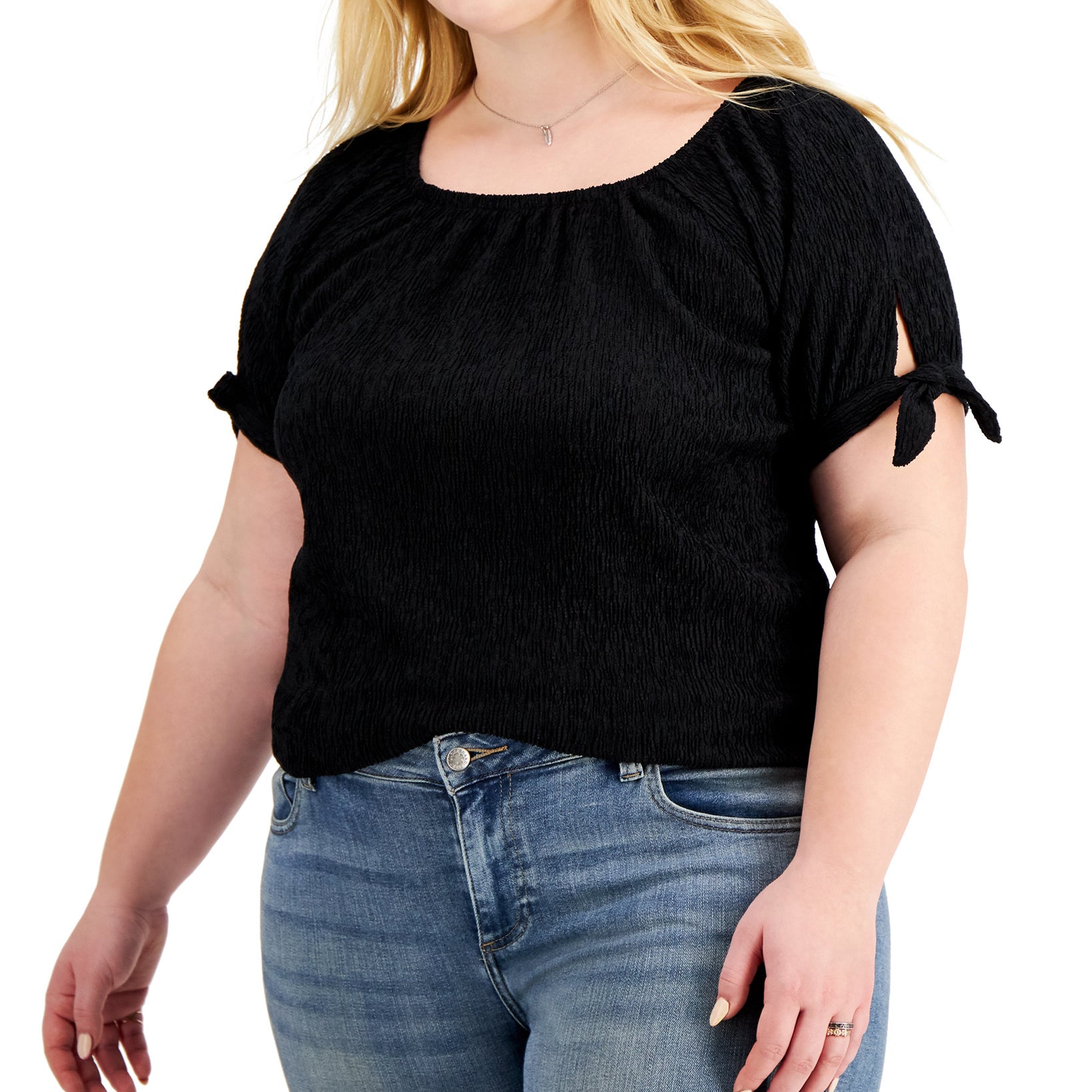 Style & Co Women Plus Tie Sleeve Top Deep Black