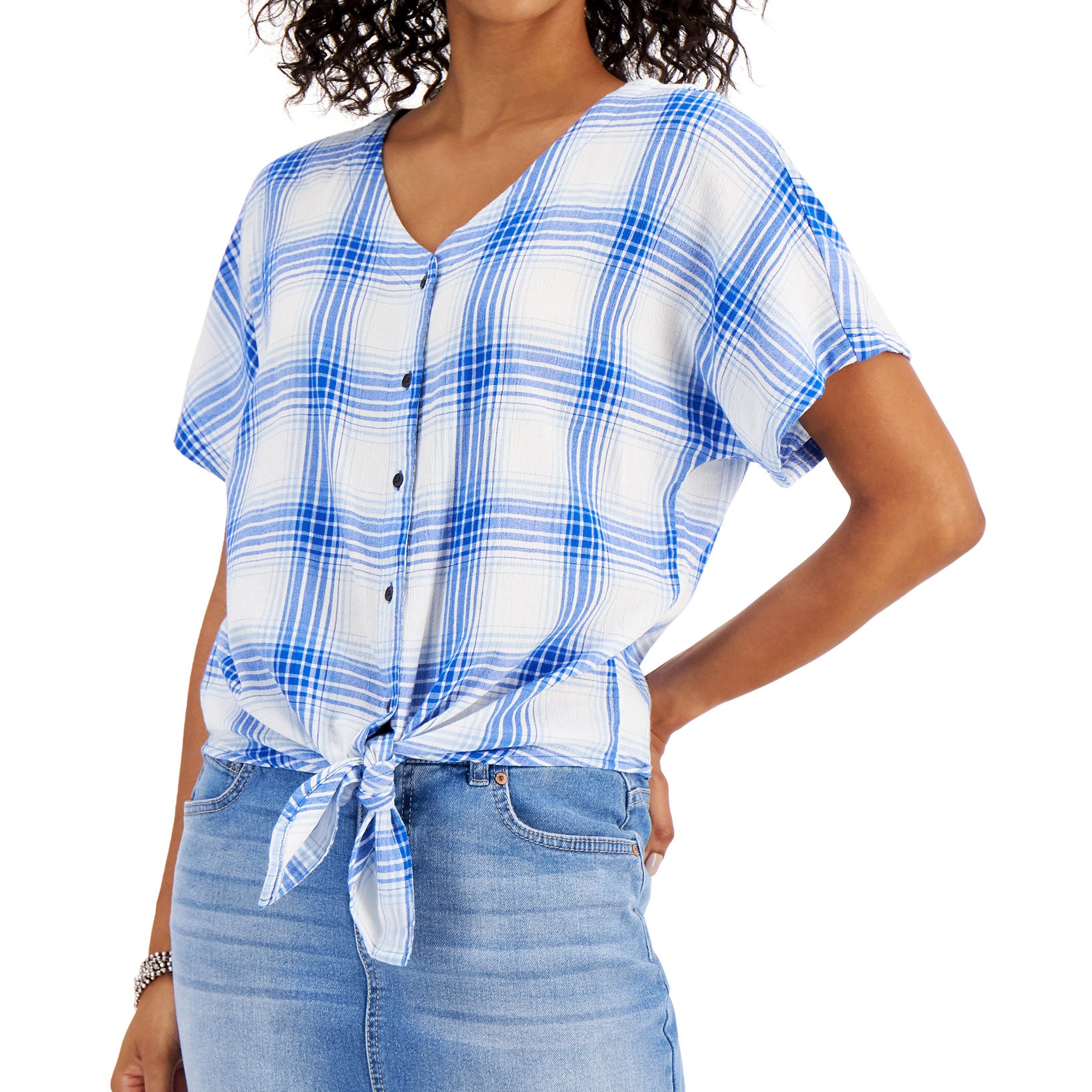 Style & Co Women Printed Button Down Tie Front Top White Blue Plaid
