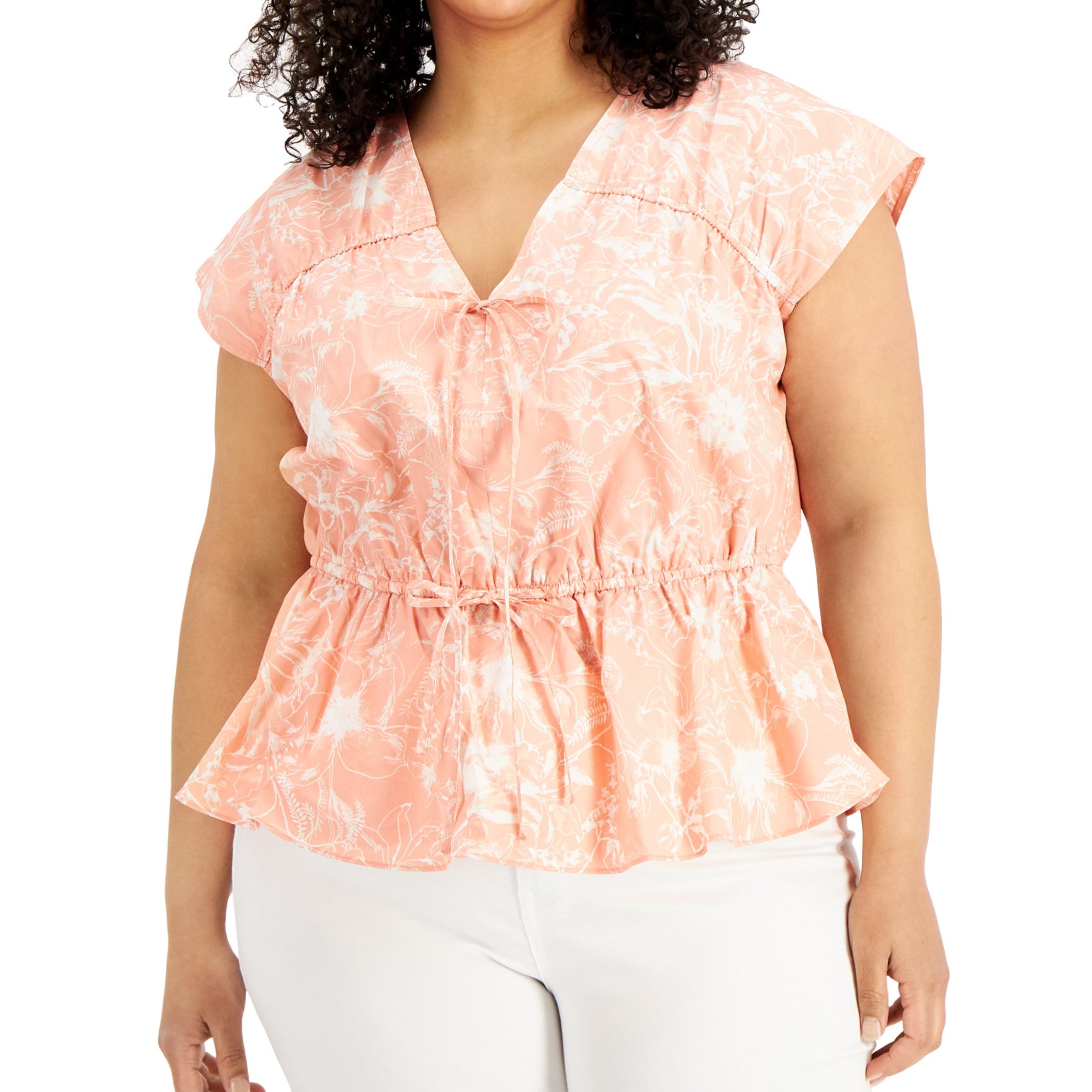 INC International Concepts Women Plus Petite Cotton Printed Ruched Seam V Neck Top Chroma Botanica