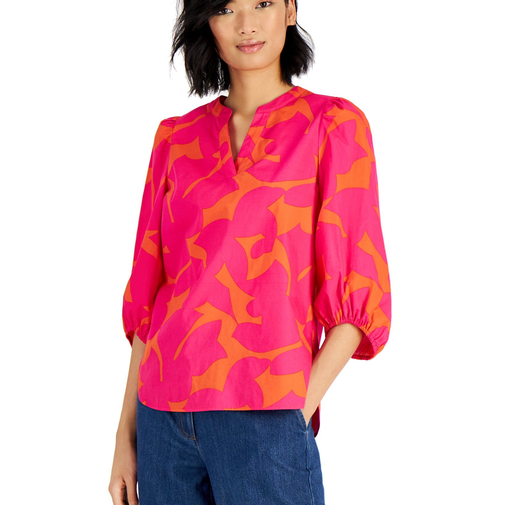 Bar III Women Cotton Printed Balloon Sleeve Blouse Daylily Pink Punch