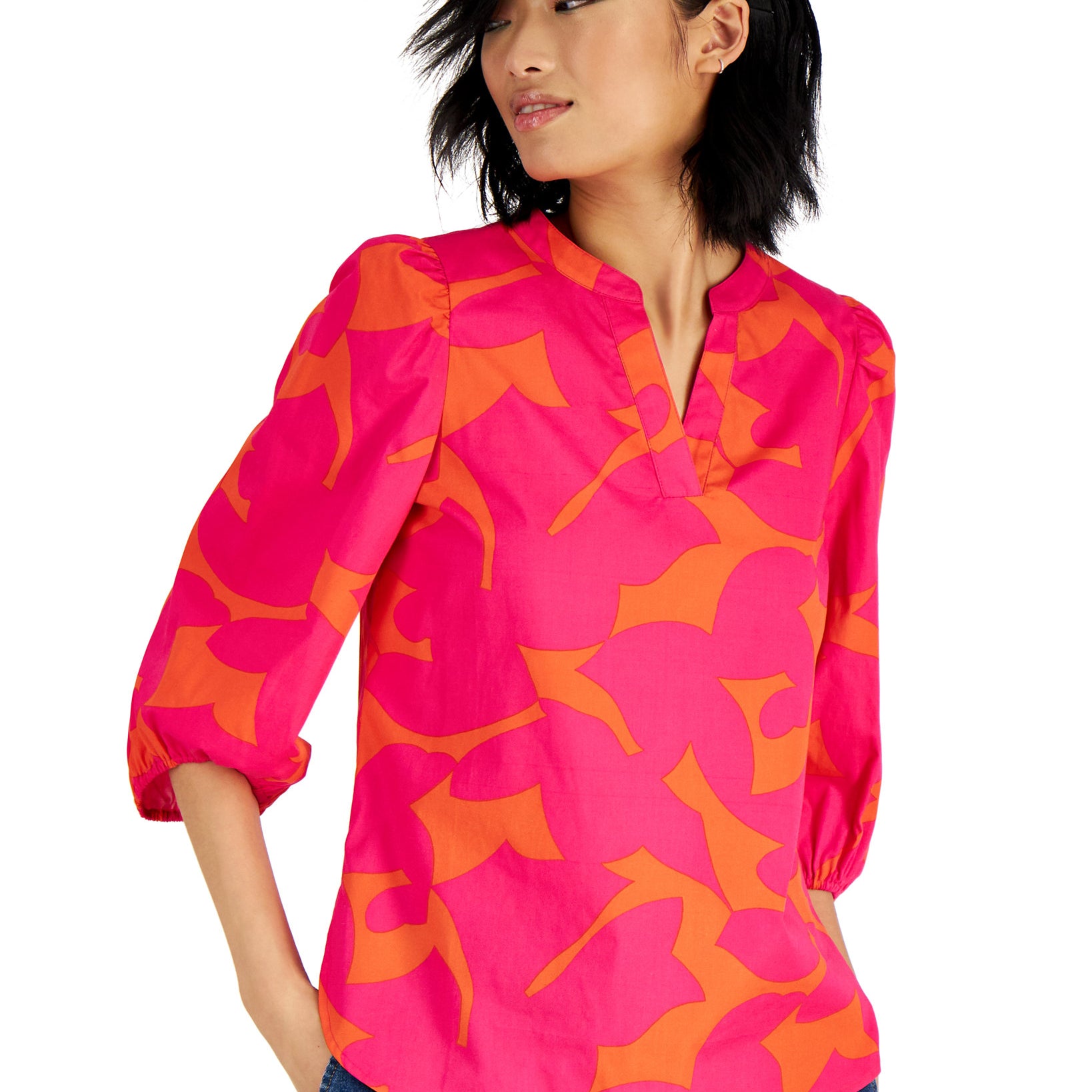 Bar III Women Cotton Printed Balloon Sleeve Blouse
