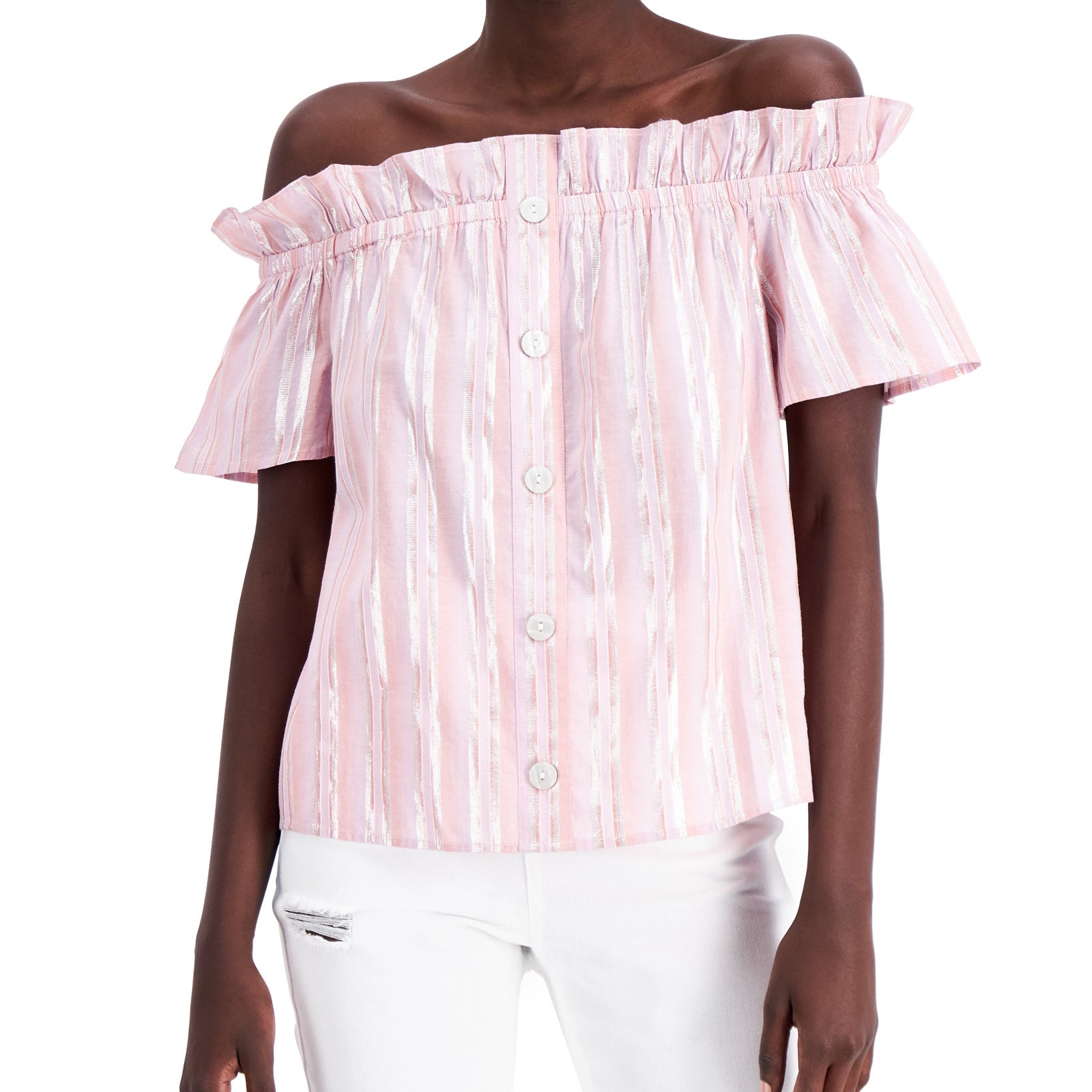 INC International Concepts Women Metallic Stripe Off The Shoulder Top Grey