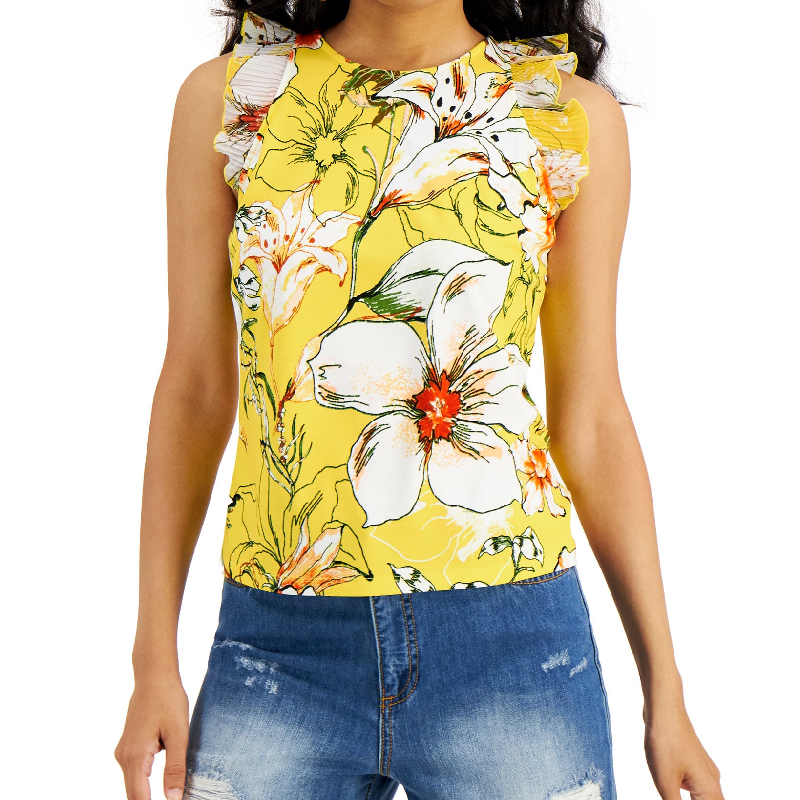 INC International Concepts Women Ruffle Sleeveless Keyhole Blouse Sketch Botanica