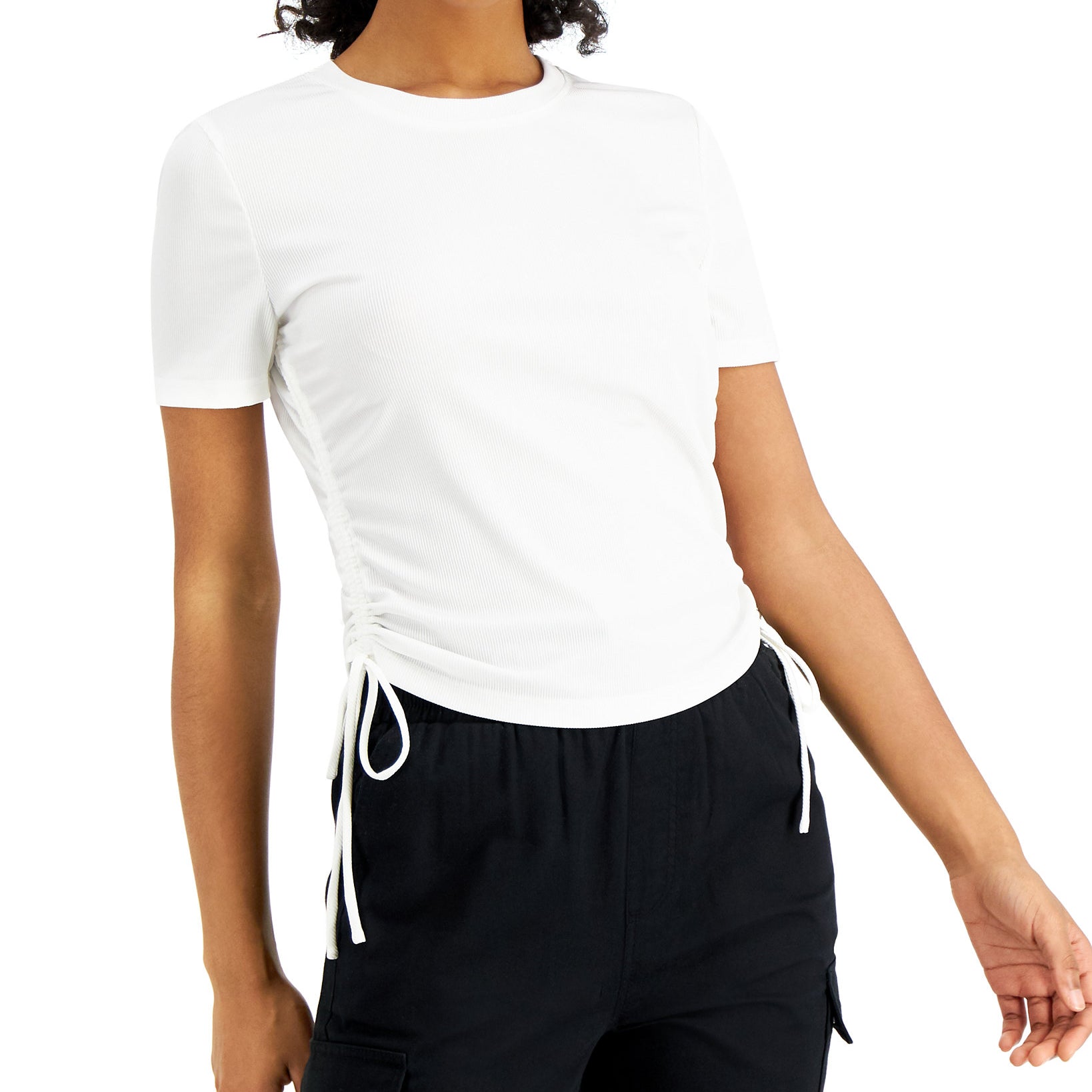 LEYDEN Women Ruched Ribbed Knit Top Ivory