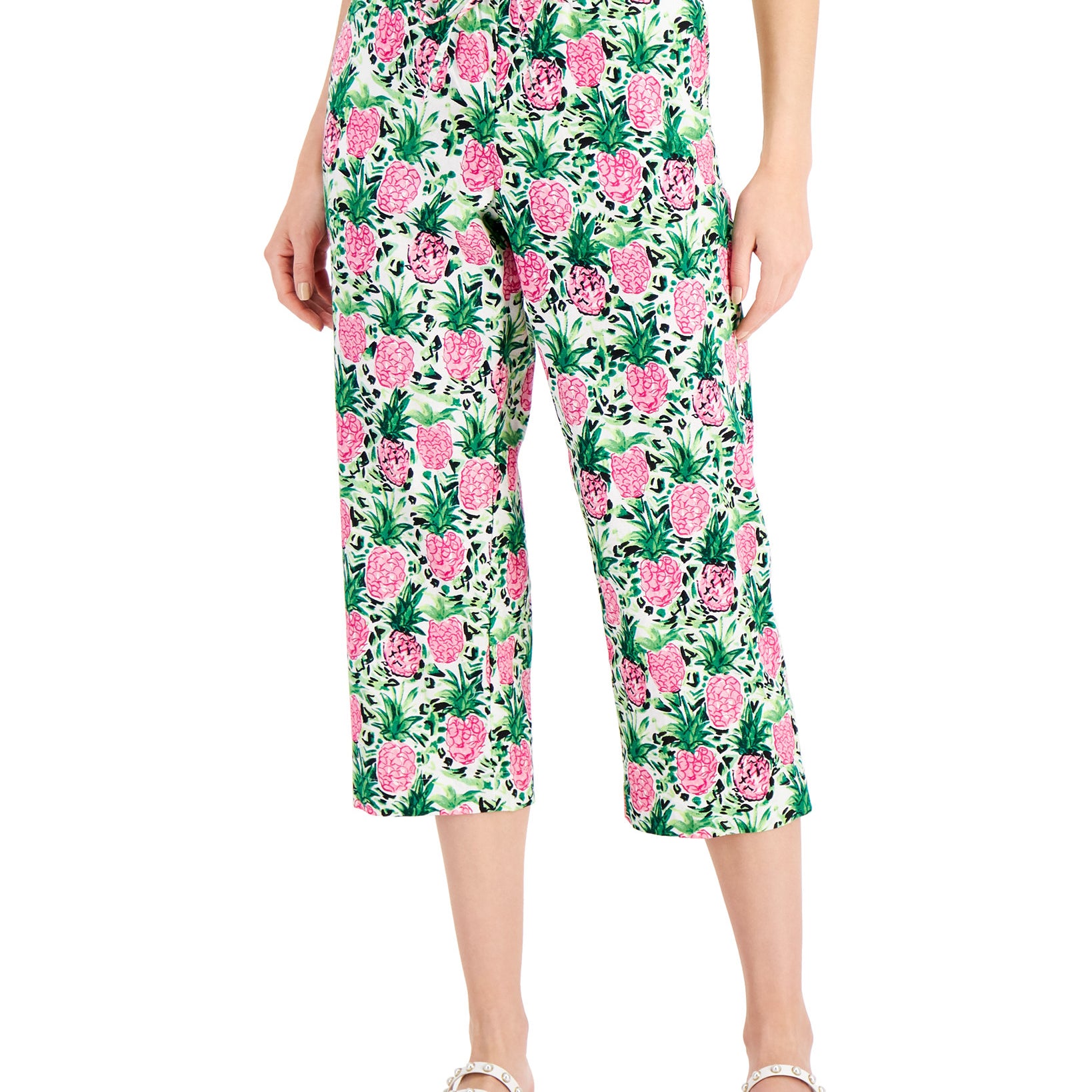 Charter Club Women Cropped Floral Print Pants Bright White Combo