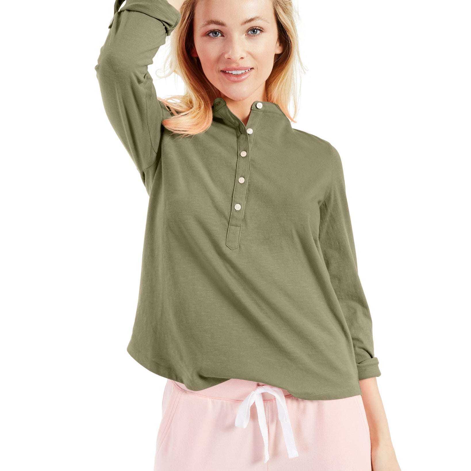 Style & Co Women Cotton Cuffed Sleeve Henley Top New Pale Sage