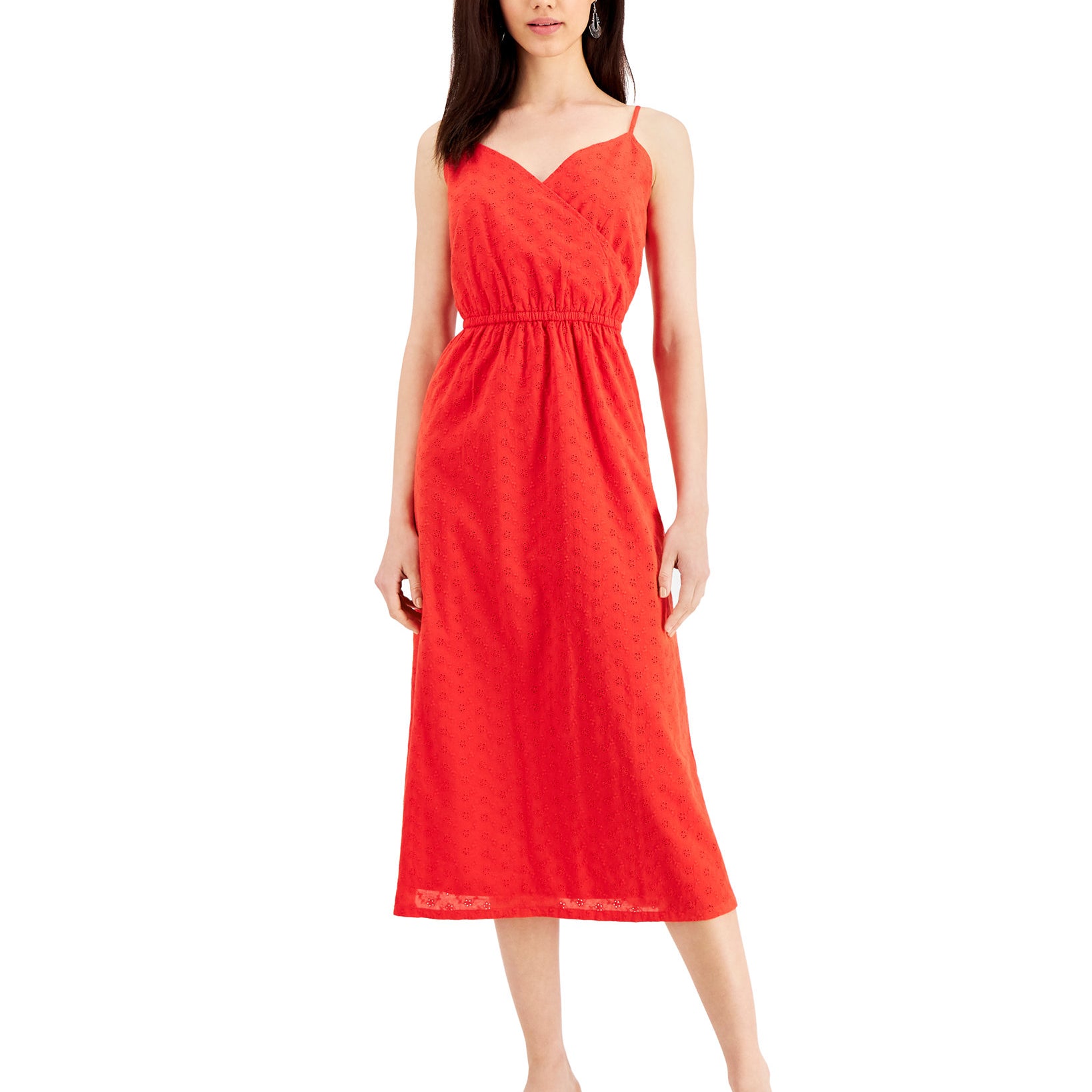 Style & Co Women Petite Cotton Eyelet Wrap Front Midi Dress Loving Red