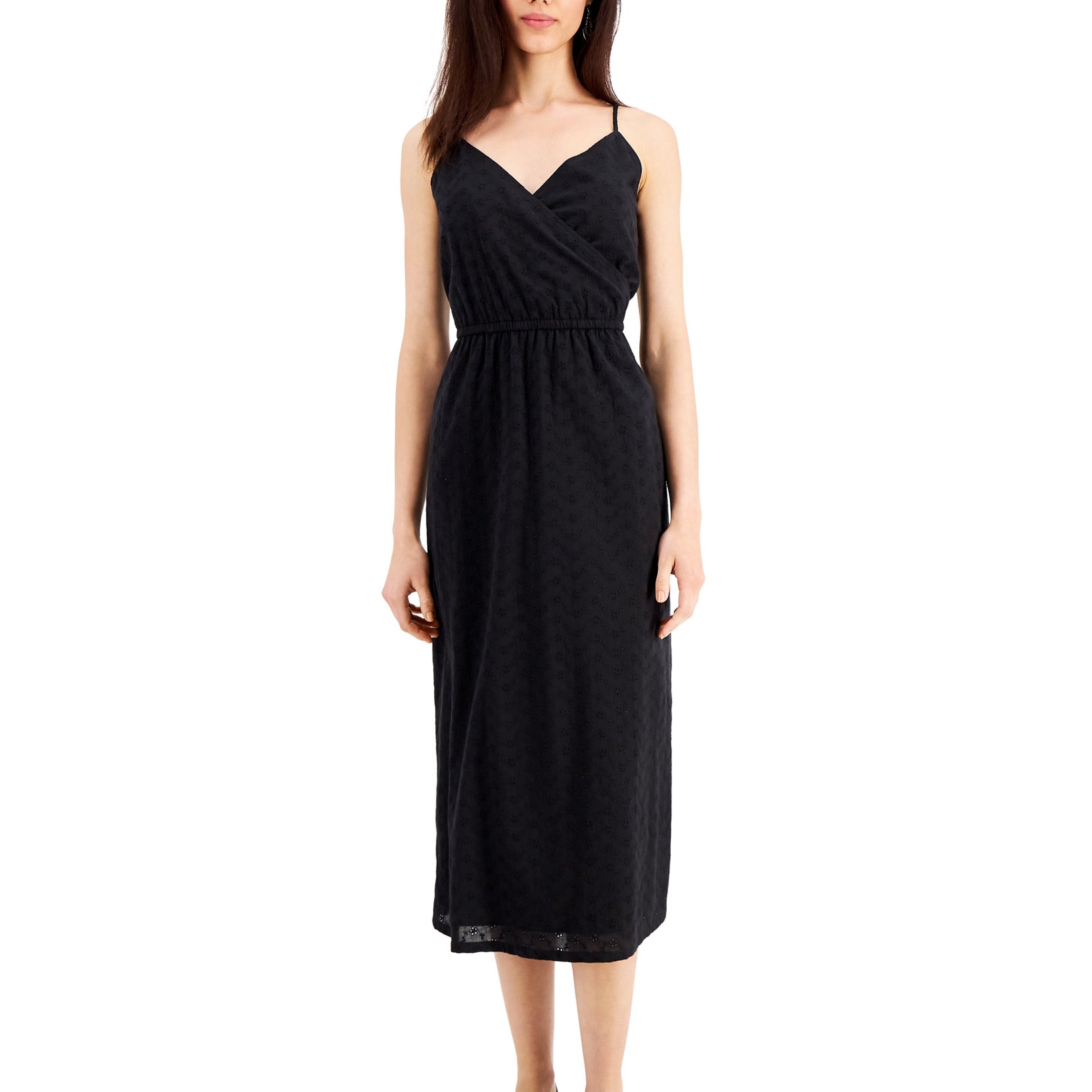 Style & Co Women Petite Cotton Eyelet Wrap Front Midi Dress Black