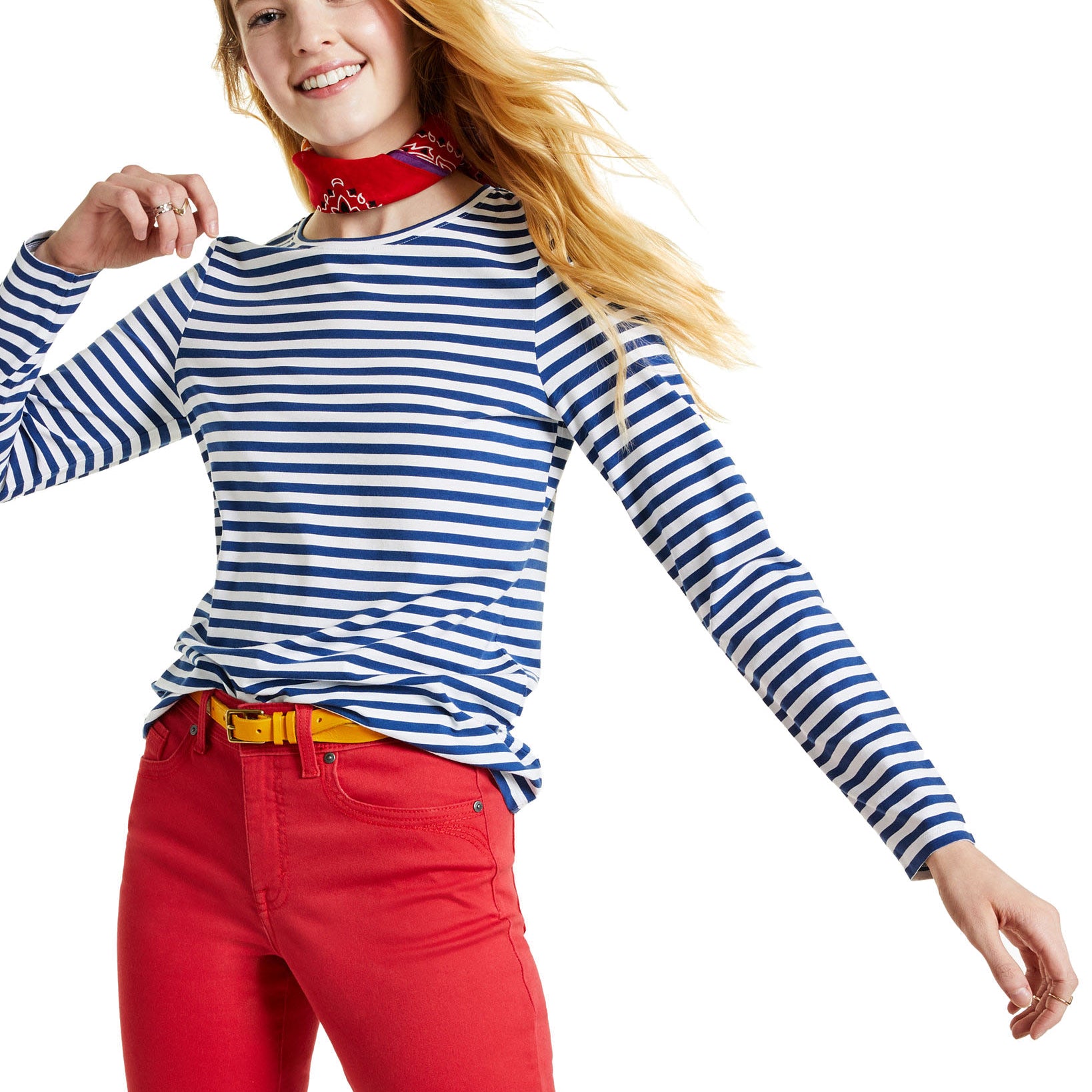 Style & Co Women Striped Long Sleeve T Shirt Navy Stripe