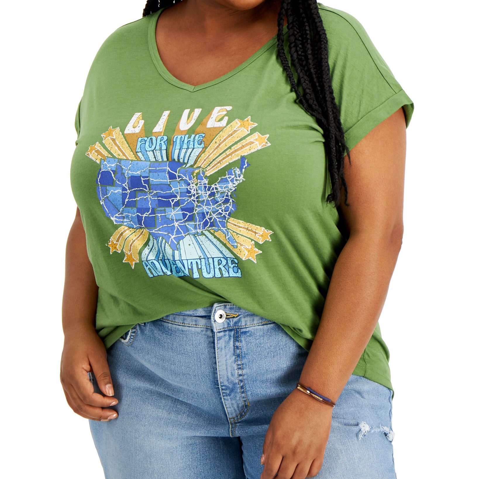 Style & Co Women Plus Graphic Print V Neck T Shirt Adventure
