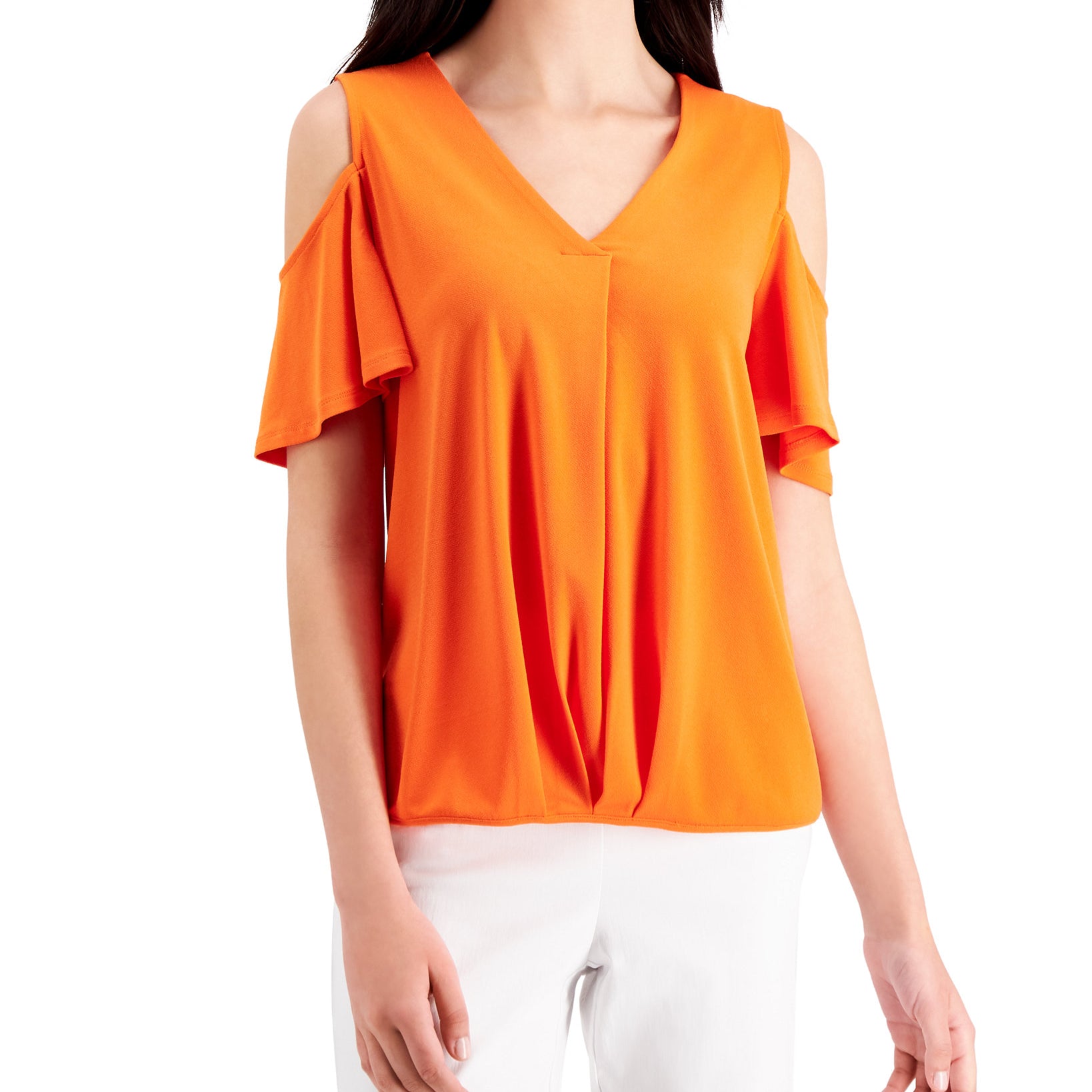 JM Collection Women Solid Cold Shoulder Top True Pumpkin