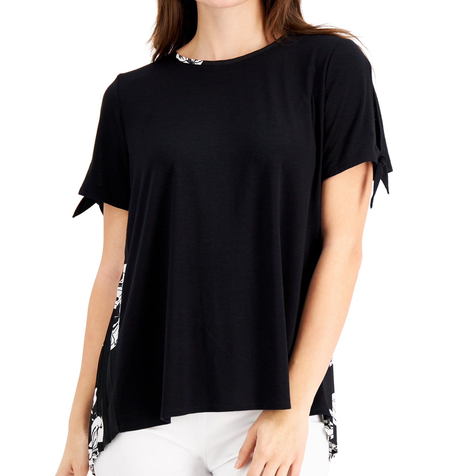 JM Collection Women Mixed Media Tied Sleeve Top Deep Black Combo