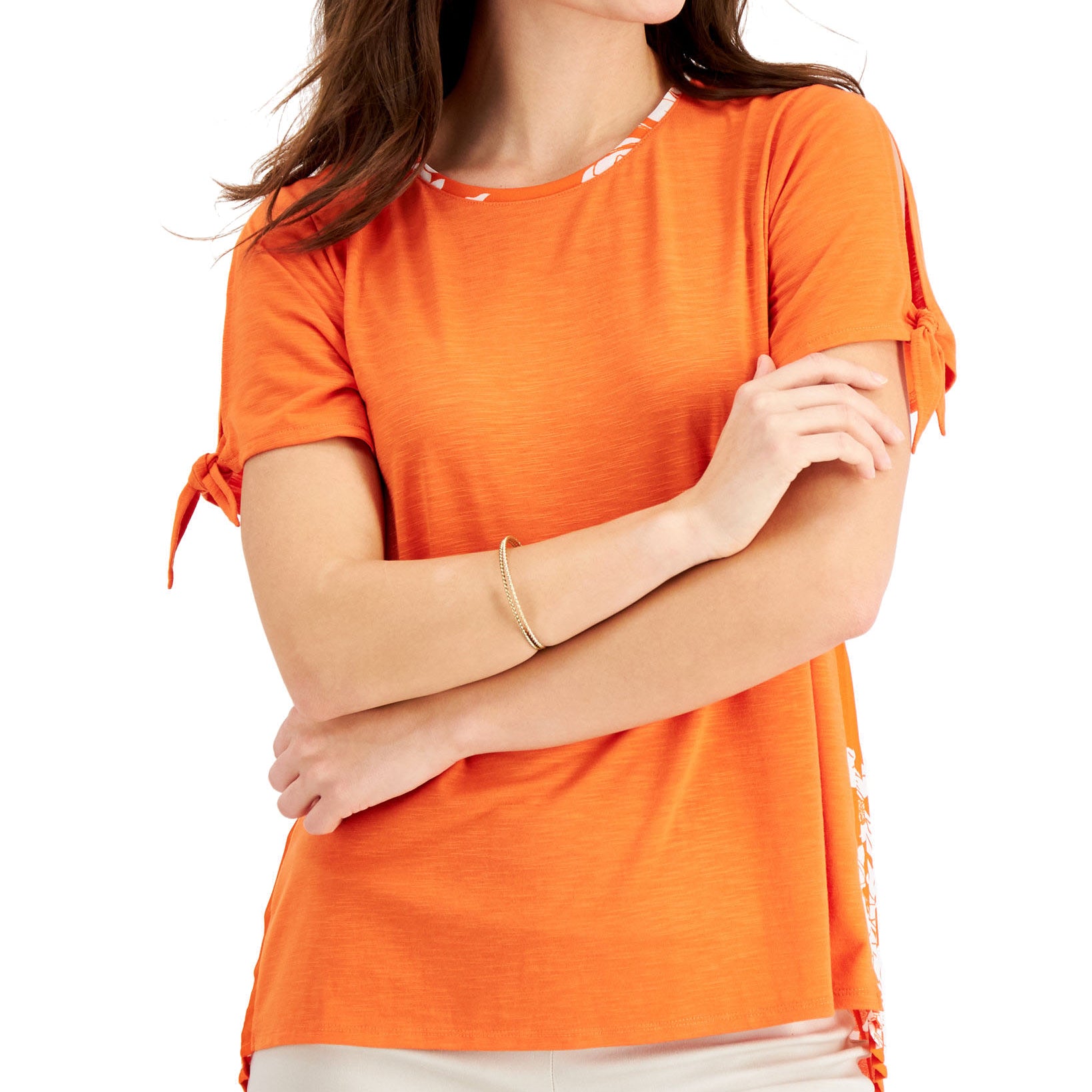 JM Collection Women Mixed Media Tied Sleeve Top True Pumpkin Combo