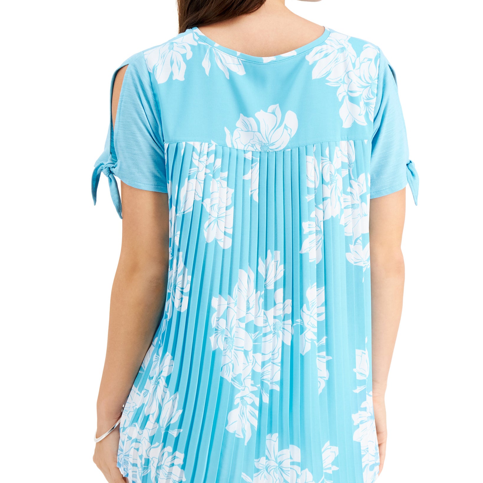 JM Collection Women Mixed Media Tied Sleeve Top