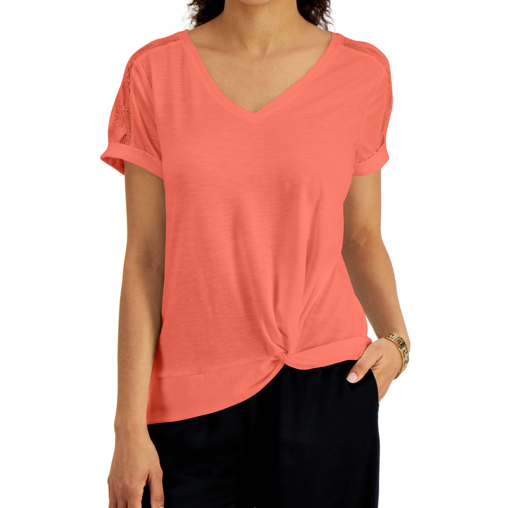 JM Collection Women Lace Shoulder T Shirt Coral Banks