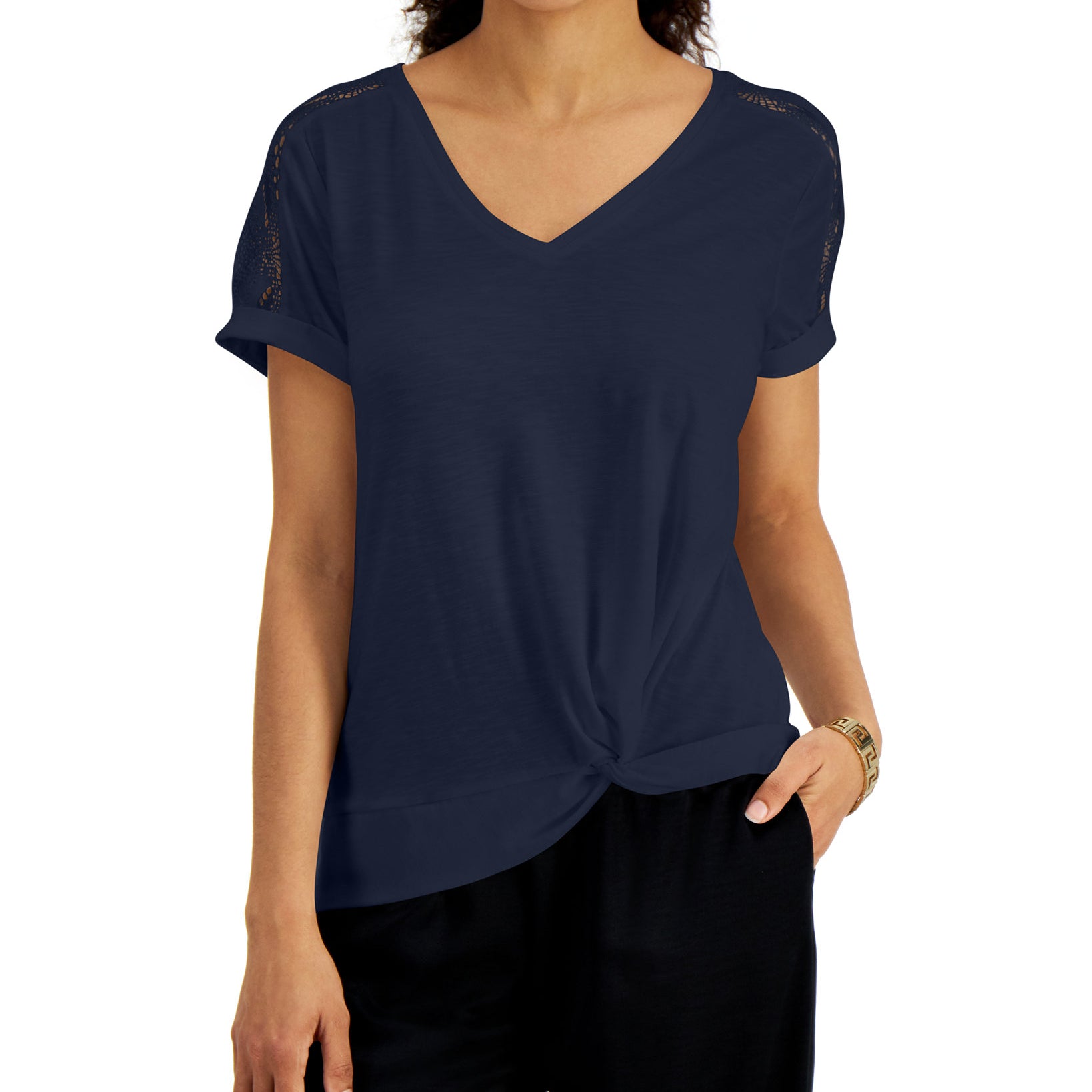 JM Collection Women Lace Shoulder T Shirt Intrepid Blue