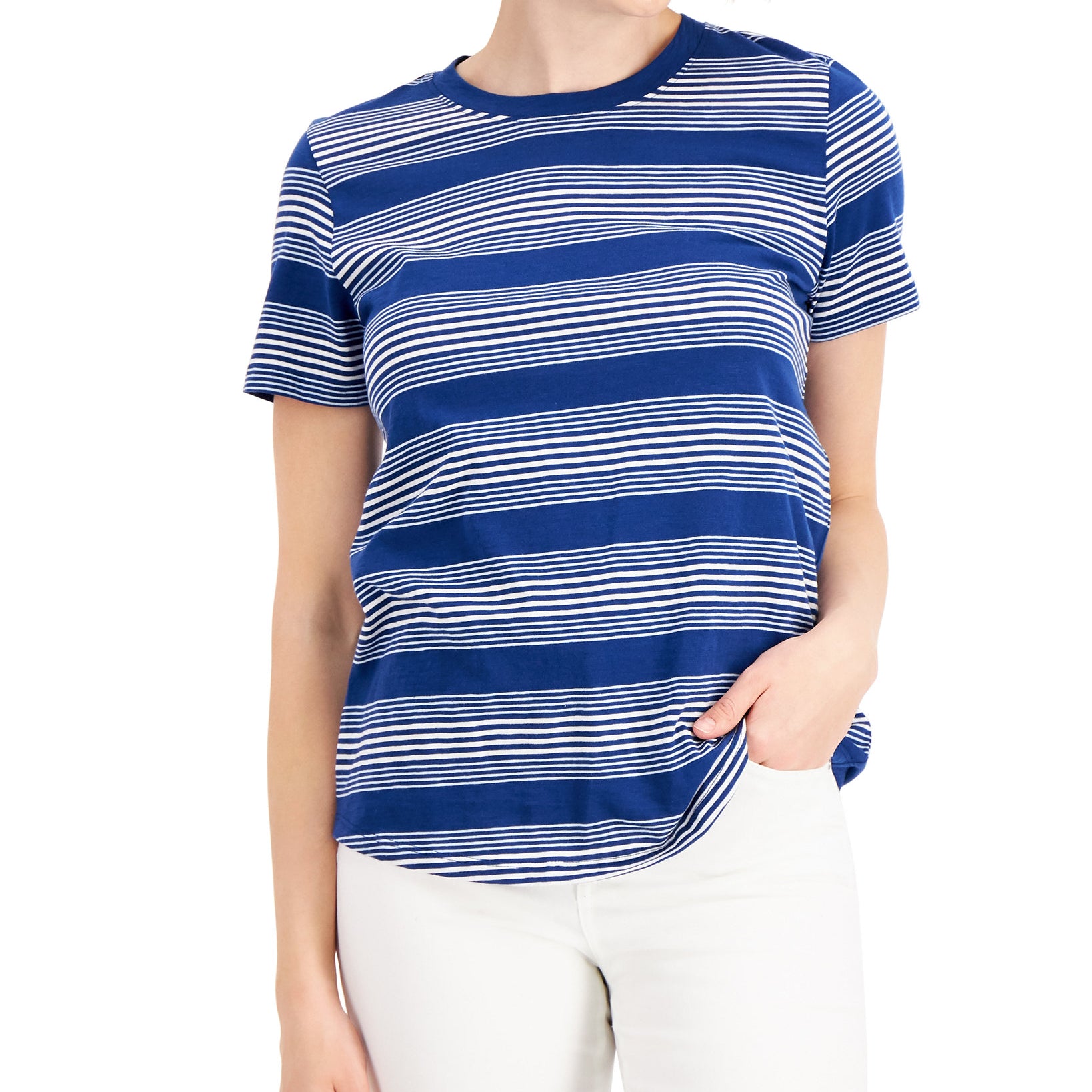 Style & Co Women Striped Cotton T Shirt Stripe Navy