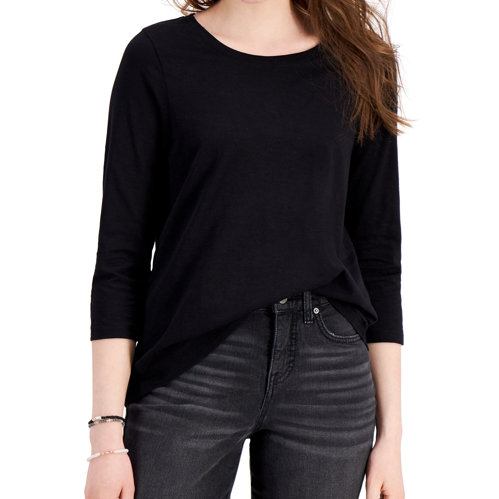 Style & Co Women Solid 3 4 Sleeve Cotton Top Deep Black